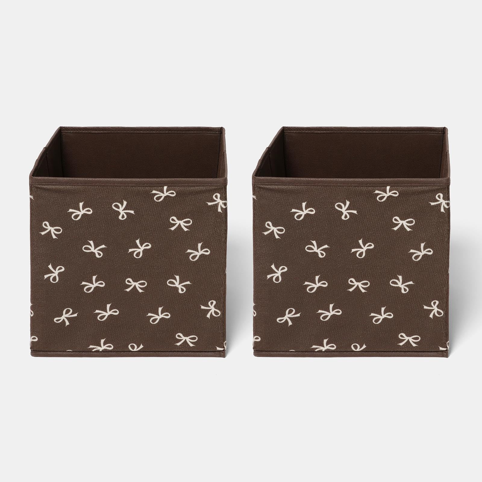 OHS Bow Print Storage Boxes Pop Up Collapsible Cube Boxes Set of 2, Brown