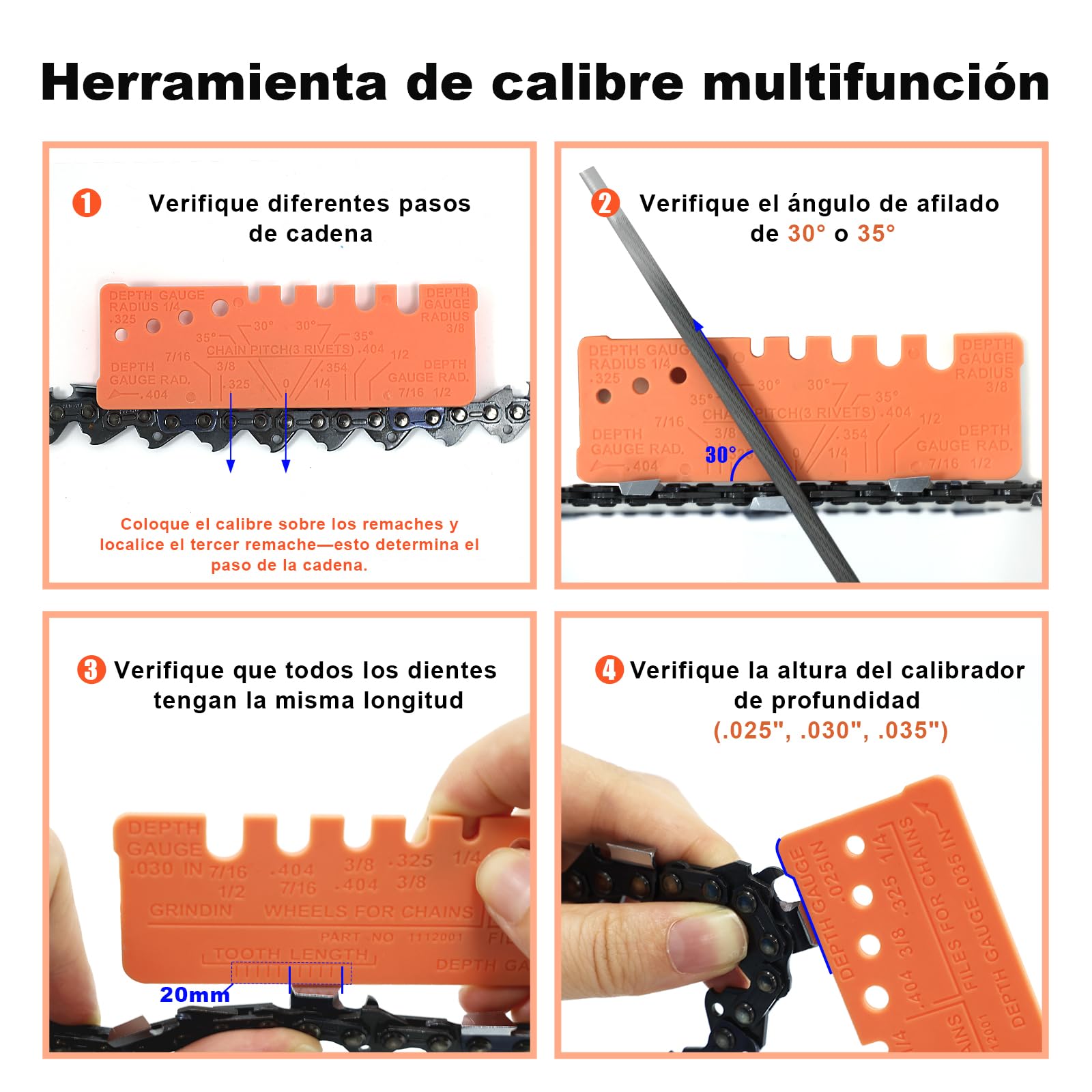 MORROWIND Kit de Afilador de Motosierra, 9 Piezas con Limas Redondas Planas de 4/4,8/5,5 mm, 6 Pulgadas, Calibre de Profundidad Y Calibre de Verificación Rápida, Naranja