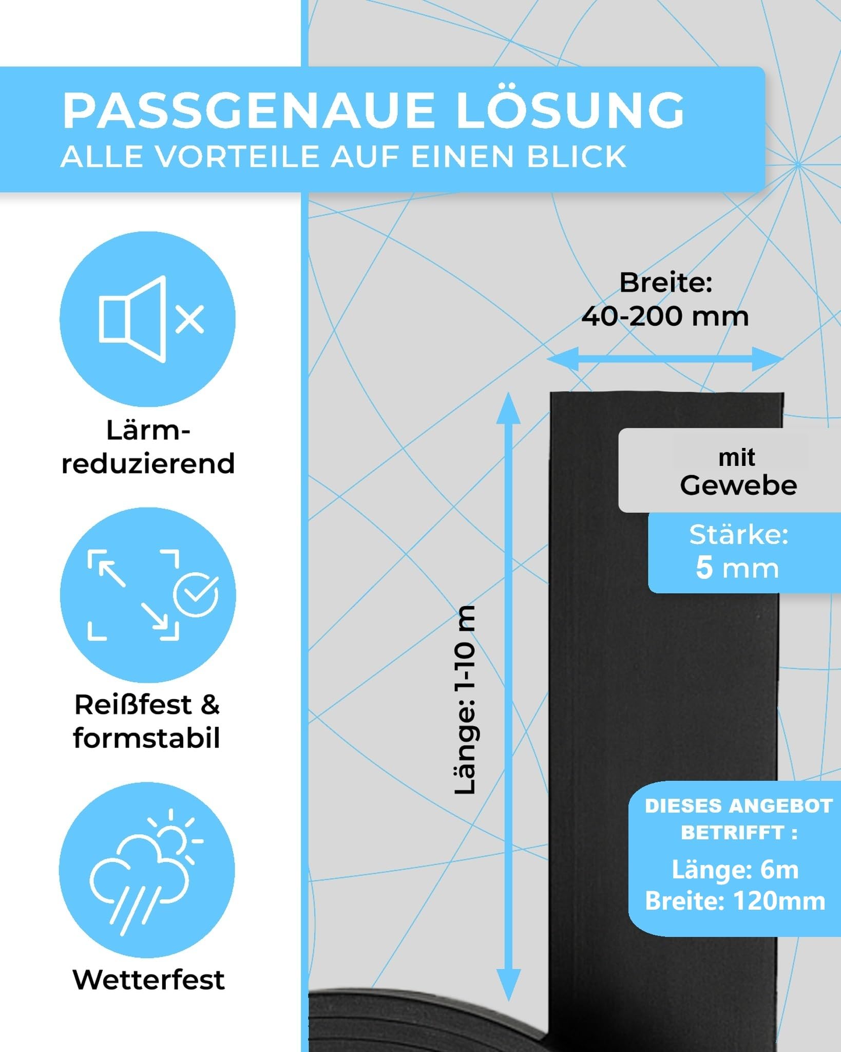 Gummistreifen mit Gewebeeinlage Gummimatte Bodenbelag Vollgummi Hartgummi 12cm breit 5mm dick 1 bis 10m lang (6m)