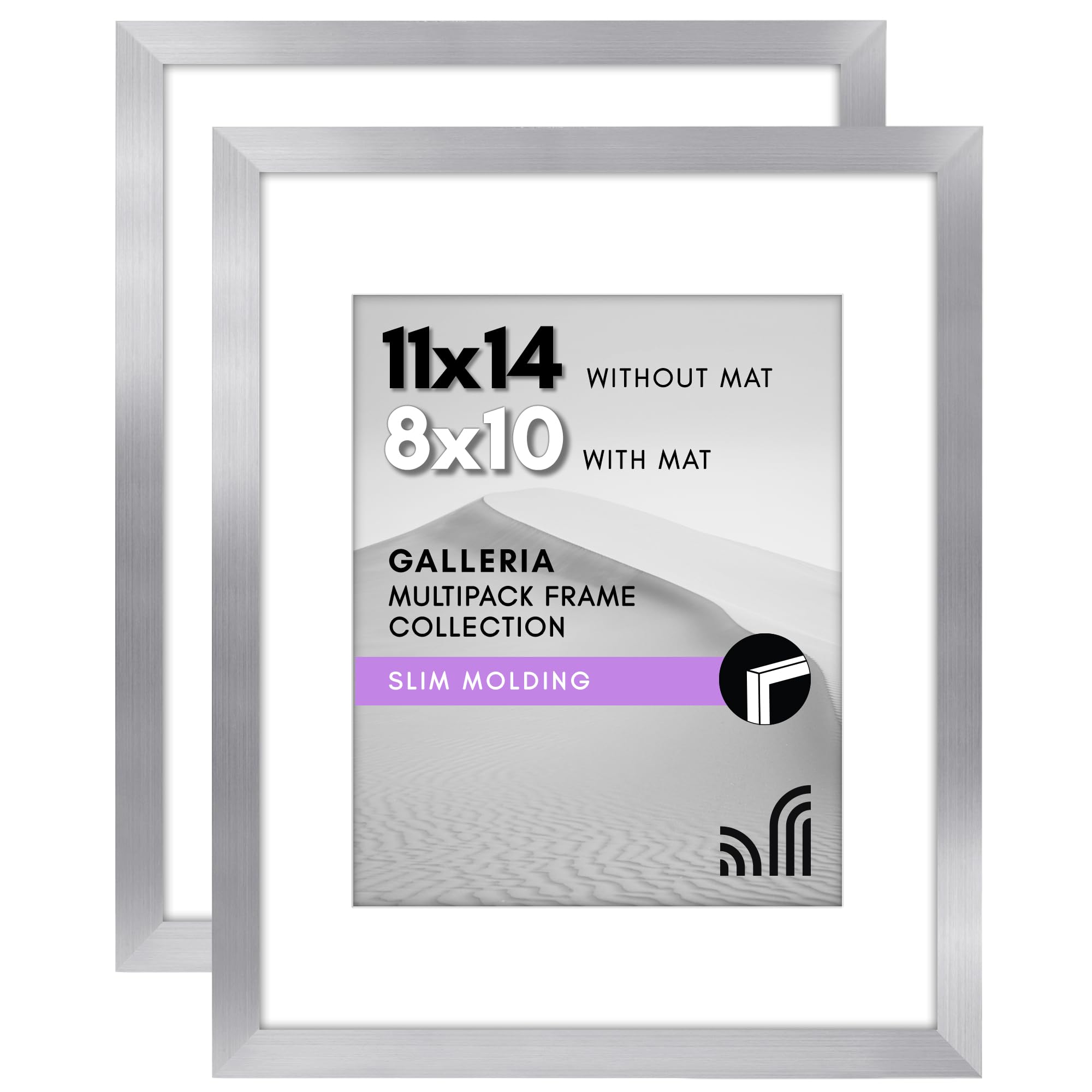 Americanflat 11x14 Picture Frame with Polished Plexiglass - Set of 2 - Use as 8x10 Frame with Mat or 11x14 Frame Without Mat - Galleria Collection - Gallery Wall Frame Set for Wall Display - Silver