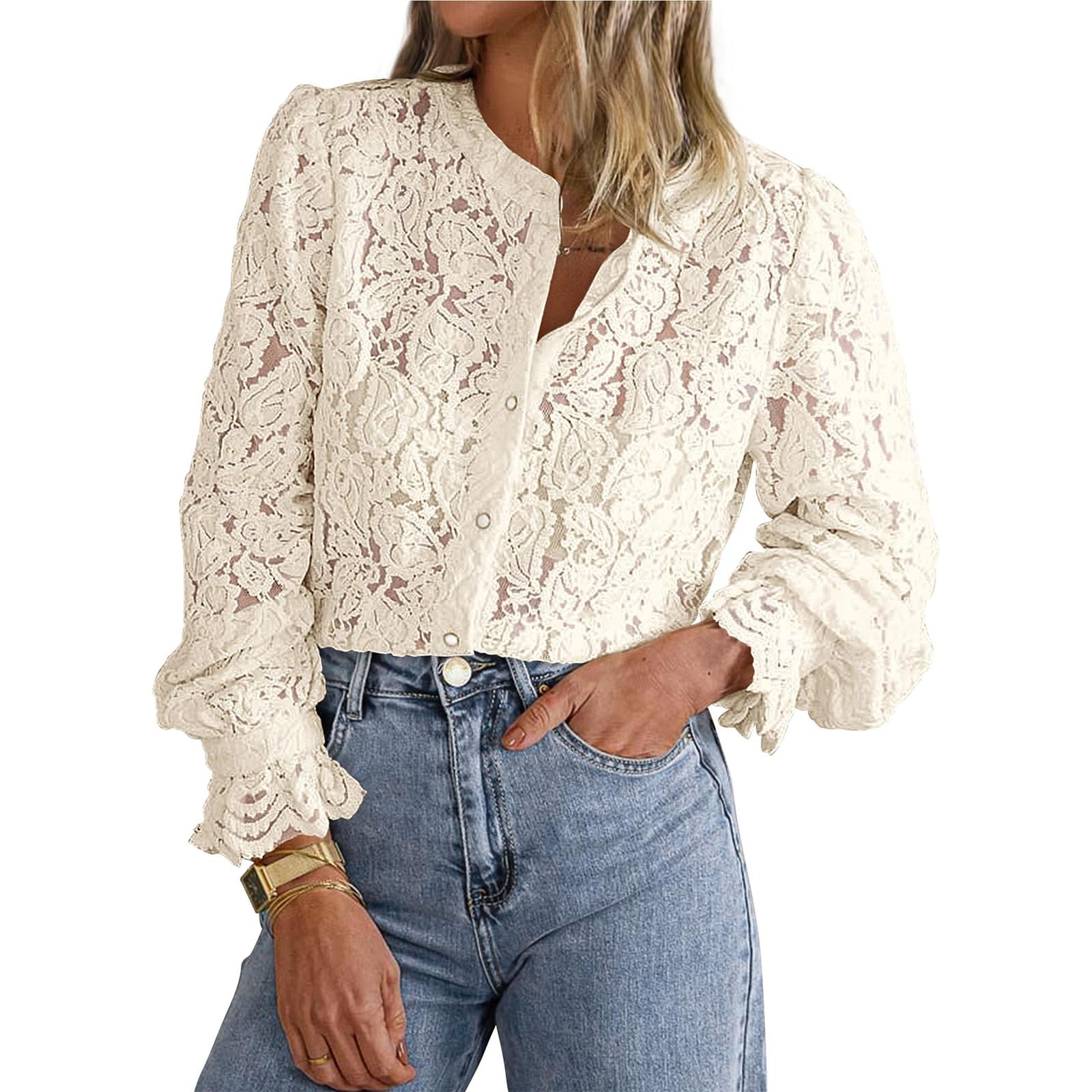 BAWUTZ Women's Apricot Floral Lace Long Sleeve Button-Down Blouse, XL