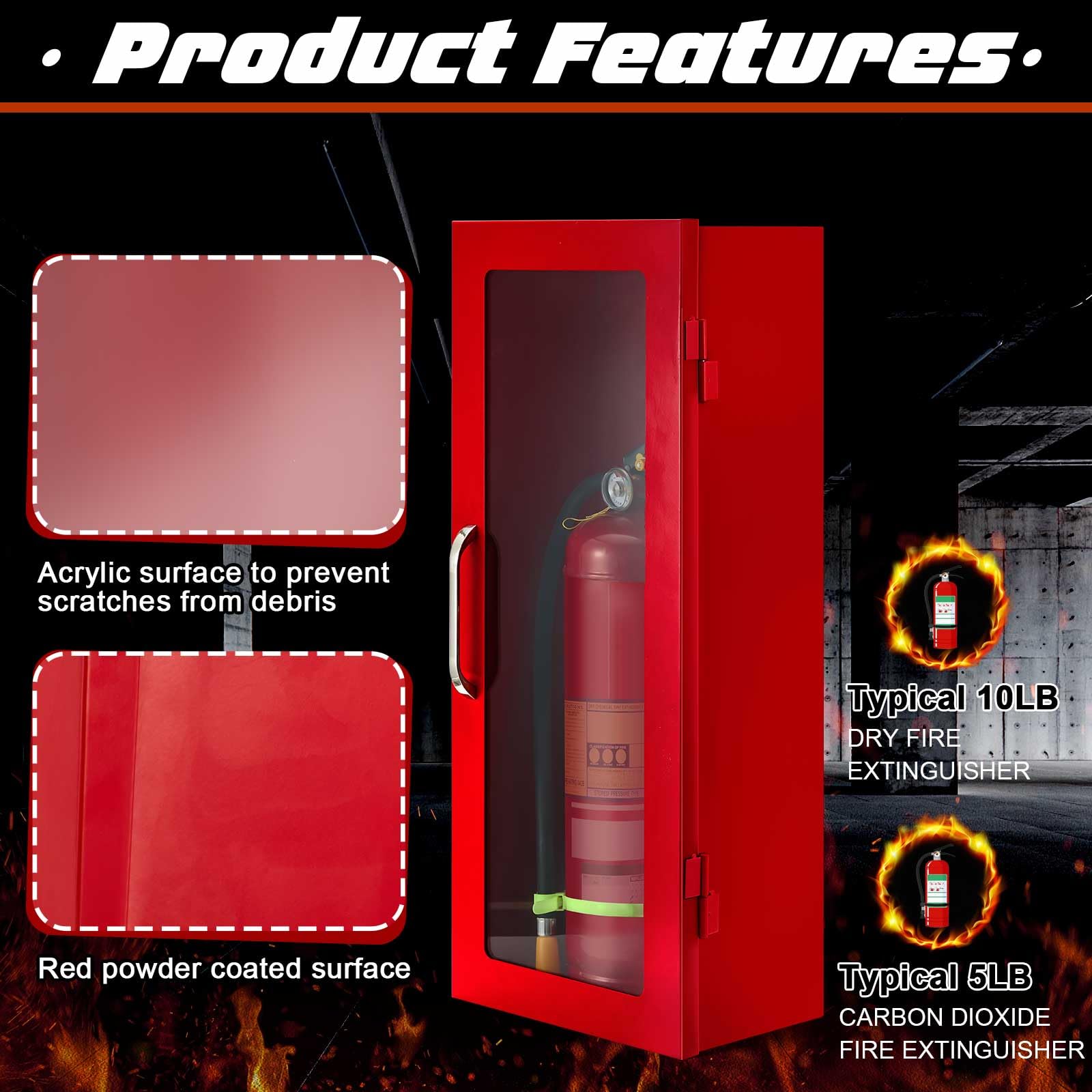 Zonon Extintor de 10 libras con letrero reflectante, montaje en pared y superficie, caja de acero para extintor de 61 cm de alto x 26 cm de ancho x 16 cm de profundidad, con asa, para productos