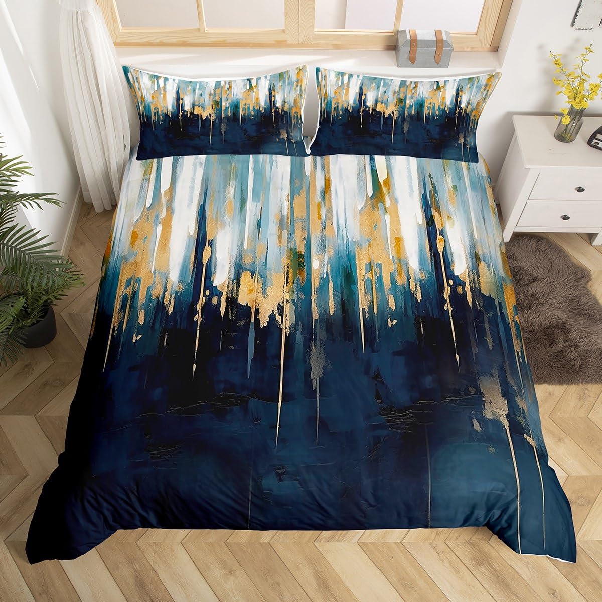 Homewish Navy Blue Bedding Set Single Graffiti Ombre Comforter Cover, Brush Strokes Oil Painting Bed Set Modern Contemporary Duvet Cover, Chic Vintage Abstract Gradient Quilt Cover 2pcs โ image 1