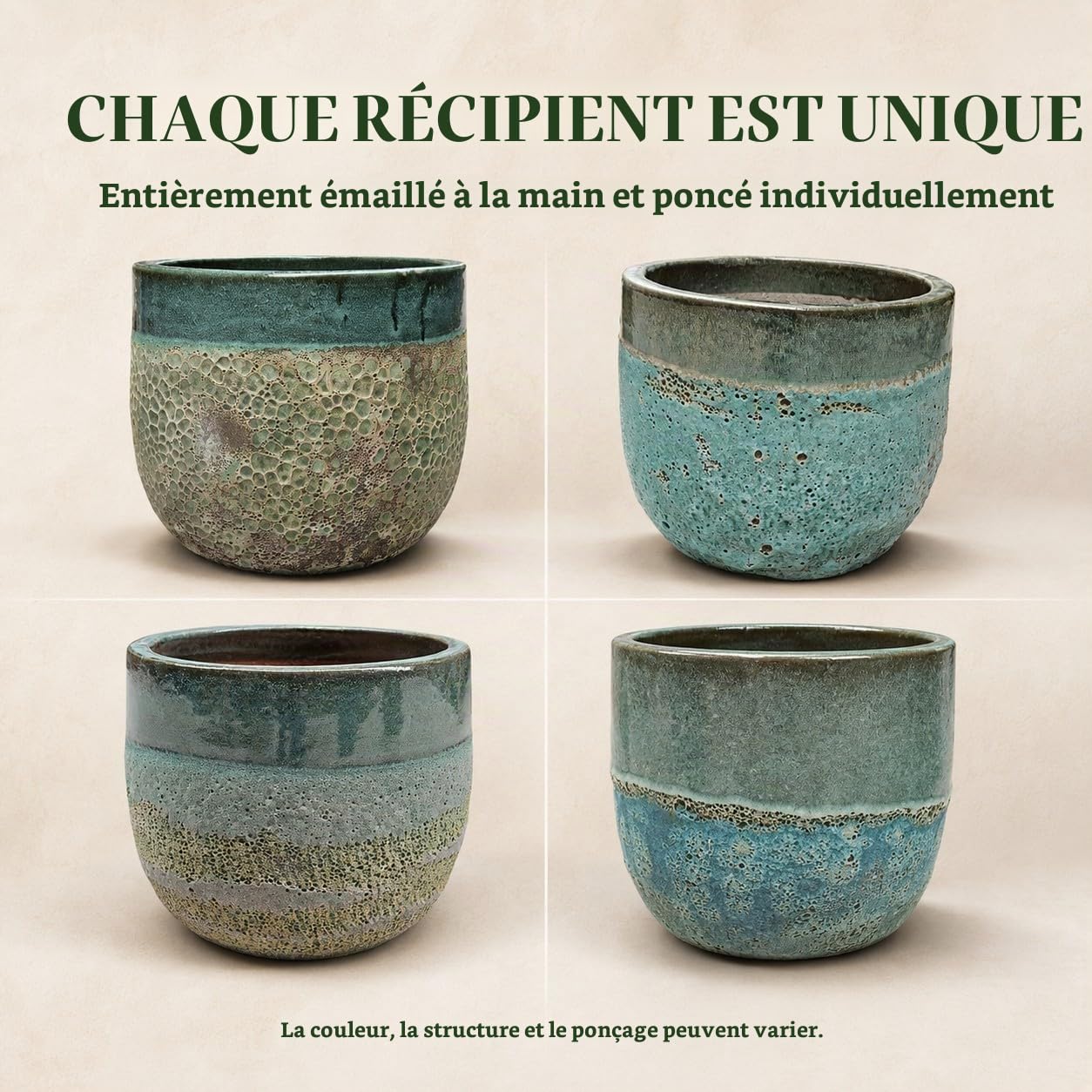 teramico Pot de Fleurs, en céramique, Vert/Turquoise, avec Trou de Drainage, résistant au Gel pour l'extérieur et l'intérieur, émaillé structuré, en grès, de qualité supérieure (28 cm x 23 cm)