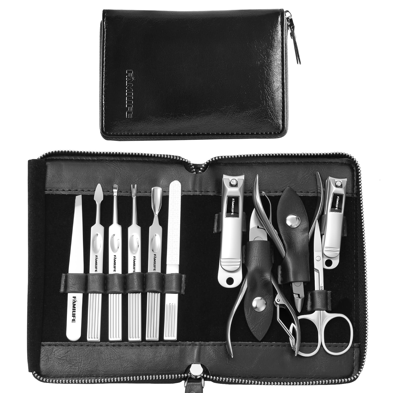 Manicure Kit, FAMILIFE Professional Manicure Set Nail Kit, 11 in 1 Stainless Steel Nail Clippers Set for Men Pedicure Kit, Men Grooming Kit with Portable Black Leather Travel Case Luxury Gifts for Him