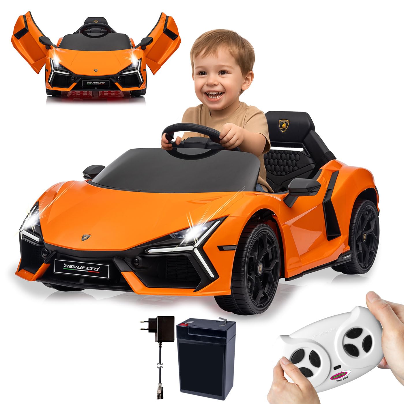 JAMARA 461887 Ride-on Lamborghini Revuelto 2,4 GHz Li-Power 12,6, samochód elektryczny dla dzieci od 3 lat, elektryczny samochód dziecięcy, kierownica, pomysł na prezent, światło, rolki transportowe