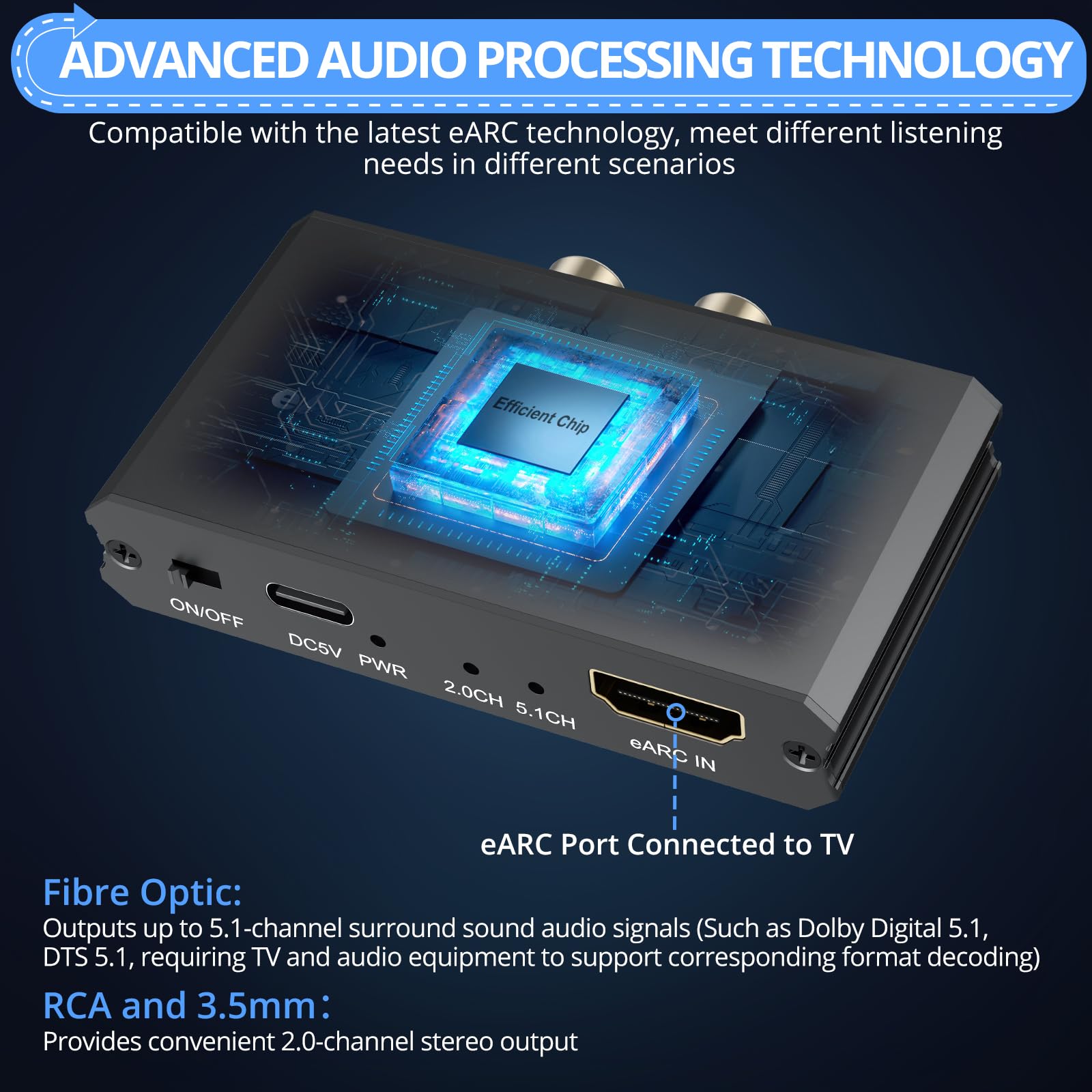 CAMWAY eARC Ekstraktor audio – HDMI ARC/eARC na światłowód, RCA, konwerter audio 3,5 mm, obsługuje dźwięk przestrzenny 5.1, łatwa konfiguracja soundbara, wzmacniacza, słuchawek, wyjścia audio TV
