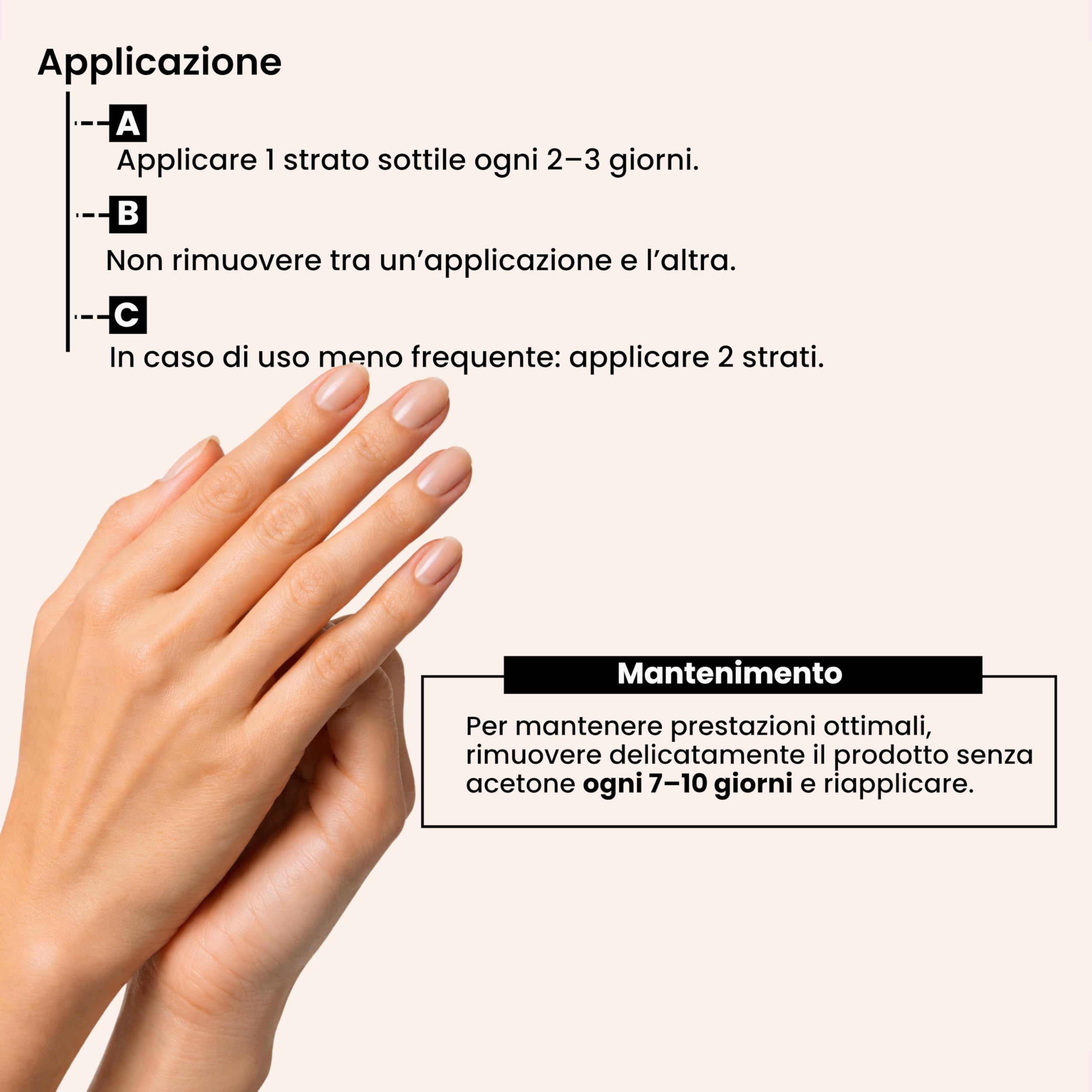 Smalto indurente rinforzante unghie fragili e sfaldate. Matrice strutturale trasparente con 13 bioattivi ad azione mirata. Protezione e stabilità dopo gel o trattamenti.