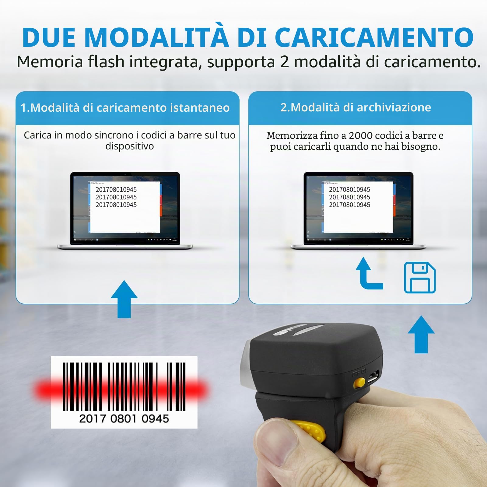 NETUM Scanner Bluetooth Mini Ring Codice a Barre Wireless 1D CCD Scanner Manuale Lettore USB per Pagamenti Mobili e Schermo del Computer Compatibile con POS/Smarphone/Computer NT-R3