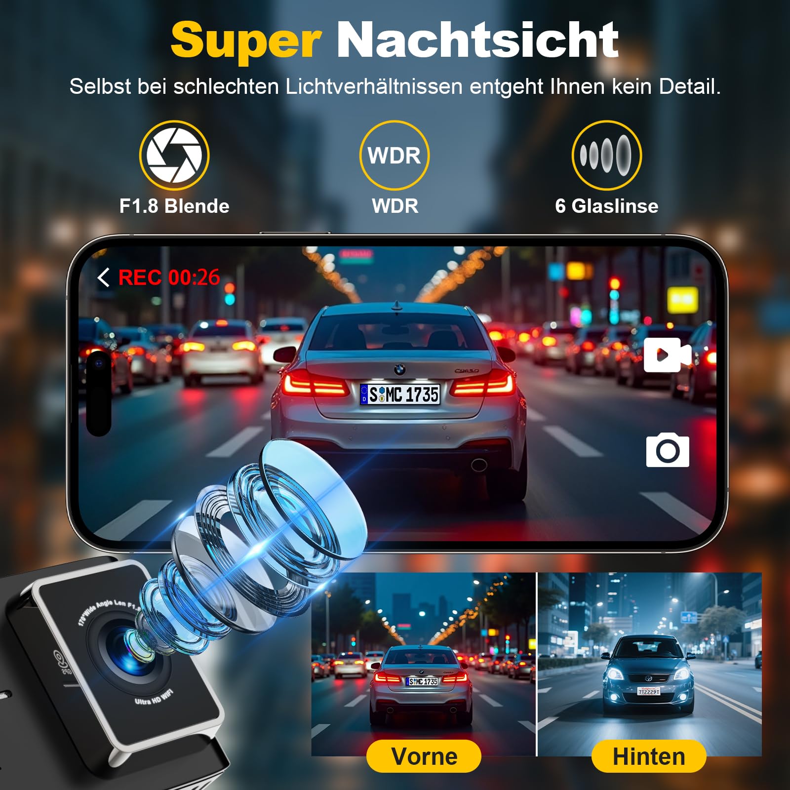 Dashcam 4K 5GHz WiFi GPS 2.0" IPS 170° Weitwinkel Dual Auto Kamera 24Std Parküberwachung Super Nachtsicht WDR G-Sensor Loop-Aufnahme 64GB SD Karte