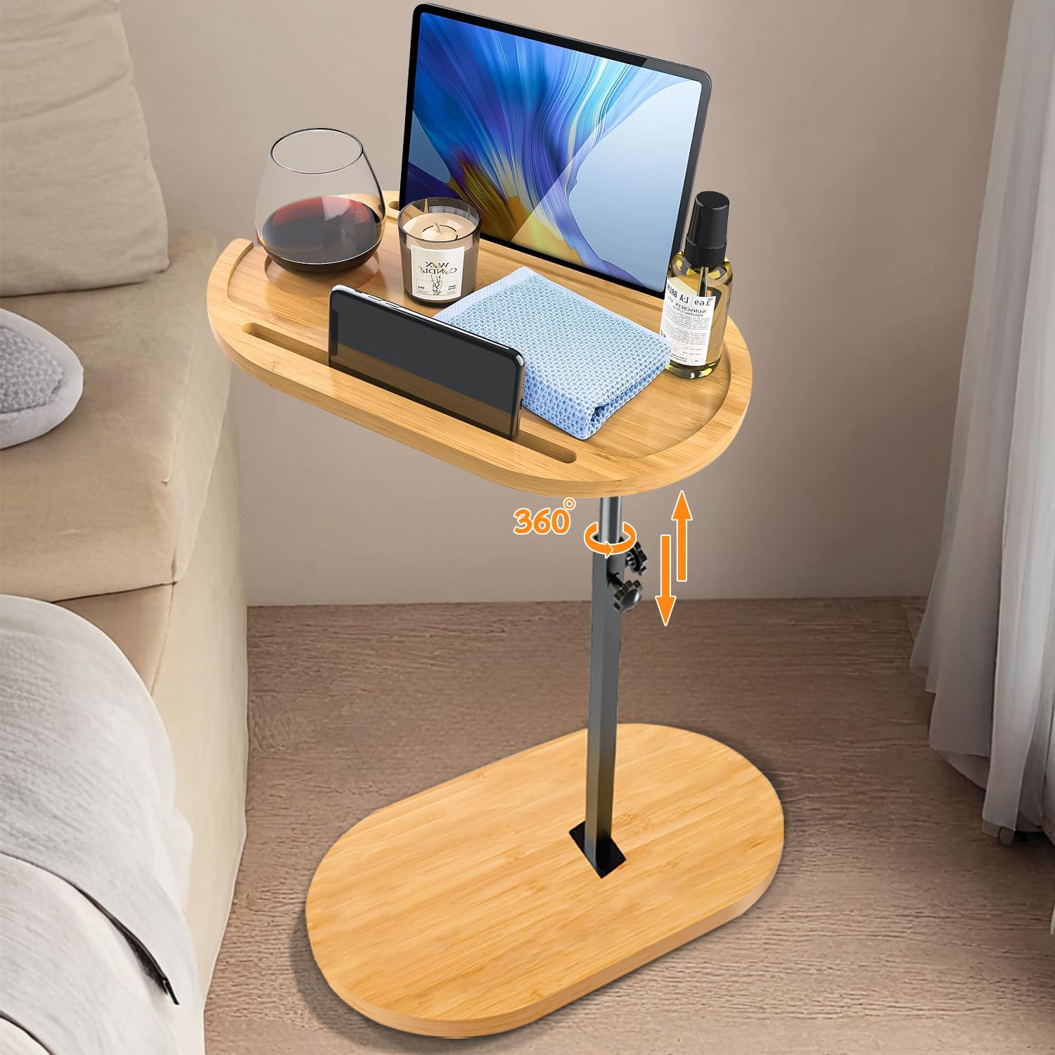 Lighterday C Shaped Side Table,Height-Adjustable, 360° Rotating Bamboo Sofa Table,Made of Wood and Metal,Suitable for Living Room,Bathroom,Bed and Sofa(Bamboo)