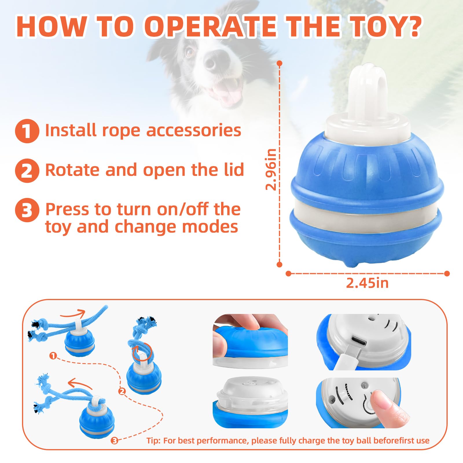 Juguetes para Perros, Pelotas para Perros Interactivos, Juguetes Perro de Salto Automático, Inteligente Pelota Interactiva Perro con Cuerda para Pequeños y Medianos (Azul+Naranja)
