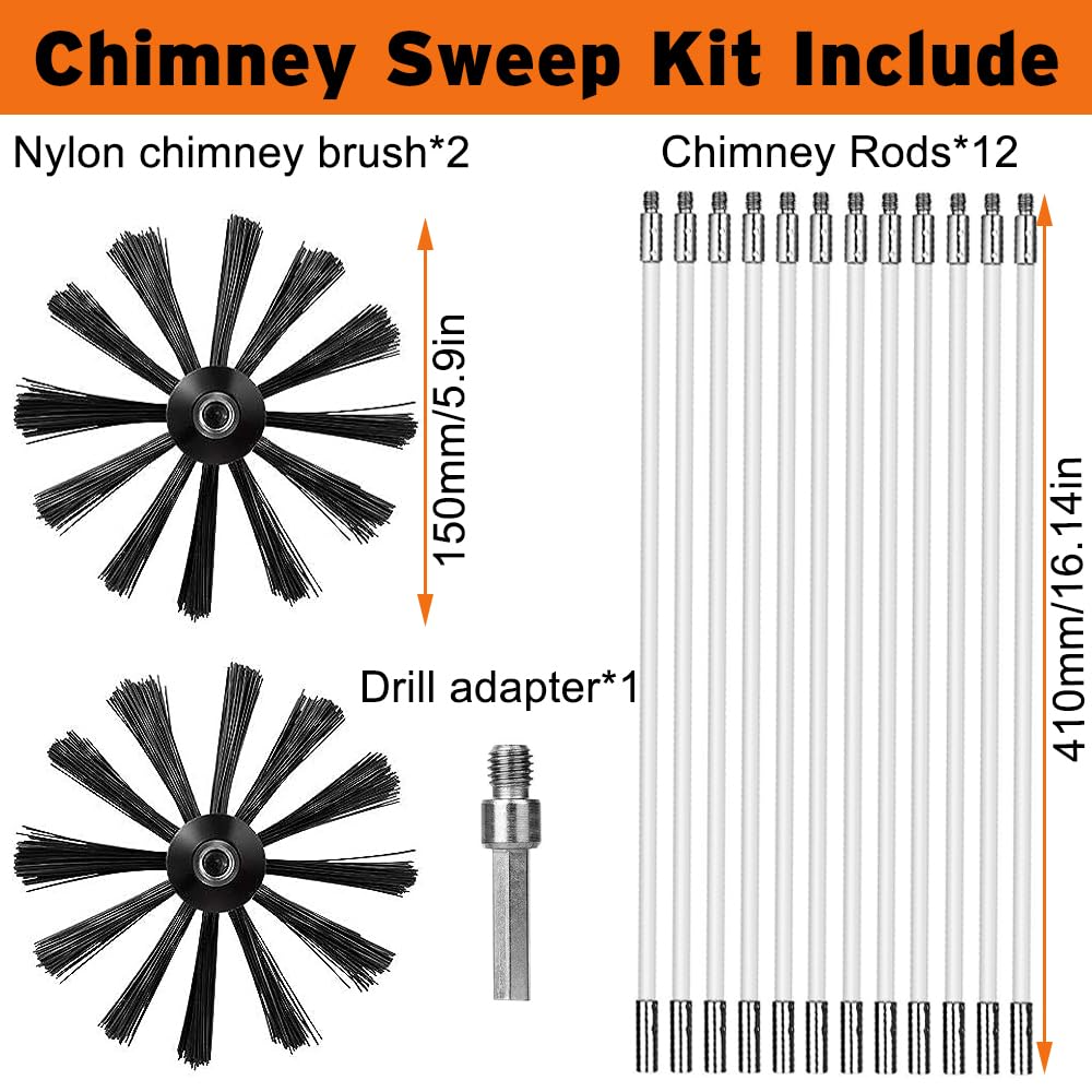 Kit de Cepillo Limpieza Chimenea, Cepillo para Limpiar Chimeneas con 12 Varillas Flexibles, 2 Cabeza de Cepilloy de Ø 150mm y 1 Barra Hexagonal para Tuberías de Caldera, Tubos de Ventilación