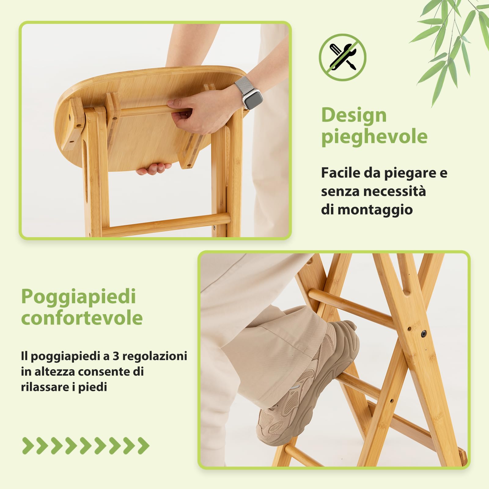RELAX4LIFE Set di 2 Sgabelli da Bar Pieghevoli in Bambù con Comodo Poggiapiedi e Ampia Seduta, Sedia da Pranzo Leggera e Portatile, Caricabile fino a 150 KG, per Bistrot, Sala da Pranzo (Modello 1)