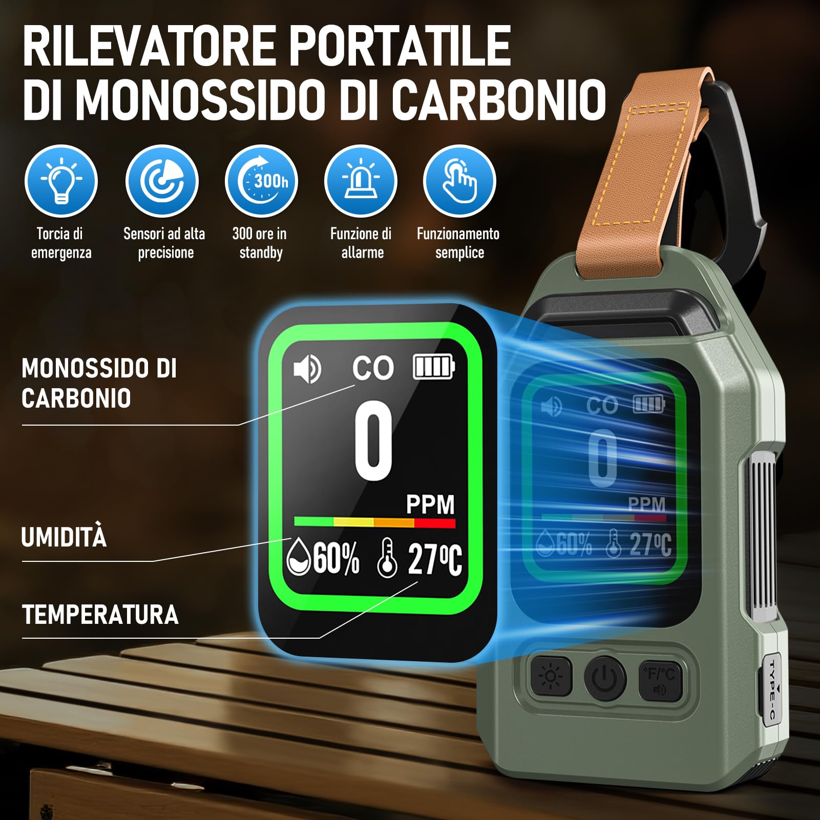 Rilevatore Monossido di Carbonio Portatile, 300 ore di autonomia, misuratore di temperatura e umidità, con funzione di allarme e torcia di emergenza, adatto per campeggio, viaggi, auto e cucina.