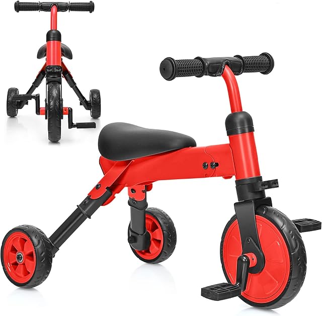 GYMAX 2 in 1 Kids Trike, Folding Baby Tricycle with Detachable Pedals and PU Seat, 3 Wheels Toddler Bike for 1-4 Years Old Boys Girls (Red)