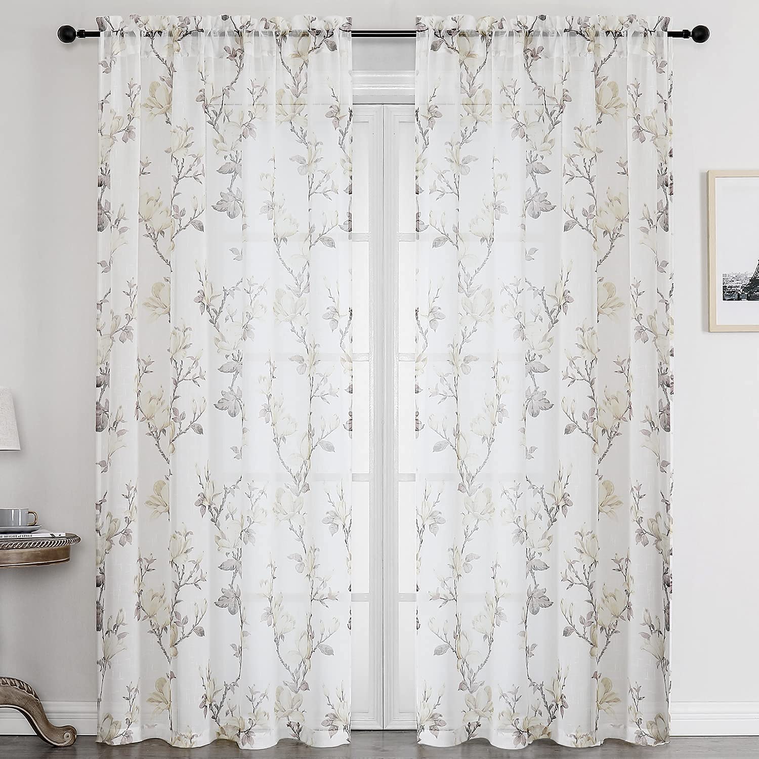 SMILE WEAVER White Sheer Curtains 72 inch Length 2 Panels for Living Room,Floral Semi Sheer Curtain-Rod Pocket Voile Linen Textured Privacy Light