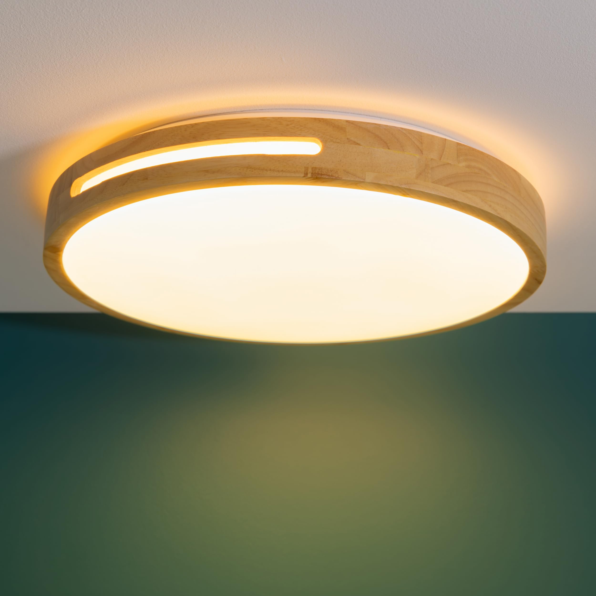 Lightbox Aplique y plafón LED regulador de intensidad de 3 pasos y marco de madera marrón claro de árbol de caucho y color de luz blanco cálido (3000 K) | Ø 39 cm | 24 W | 2100 lm | fabricado en
