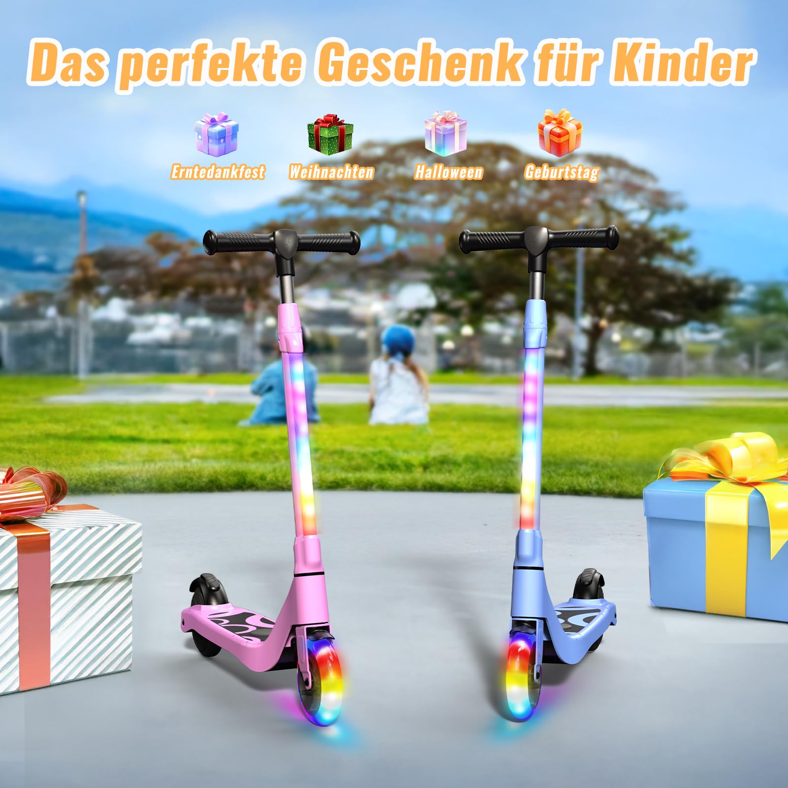 Patinete TST para niños de 6 a 10 años, patinete eléctrico de 5.3 pulgadas para niños con luces LED intermitentes y 3 alturas ajustables, patinete para niños con motor de 45W, velocidad máxima 10 km/h