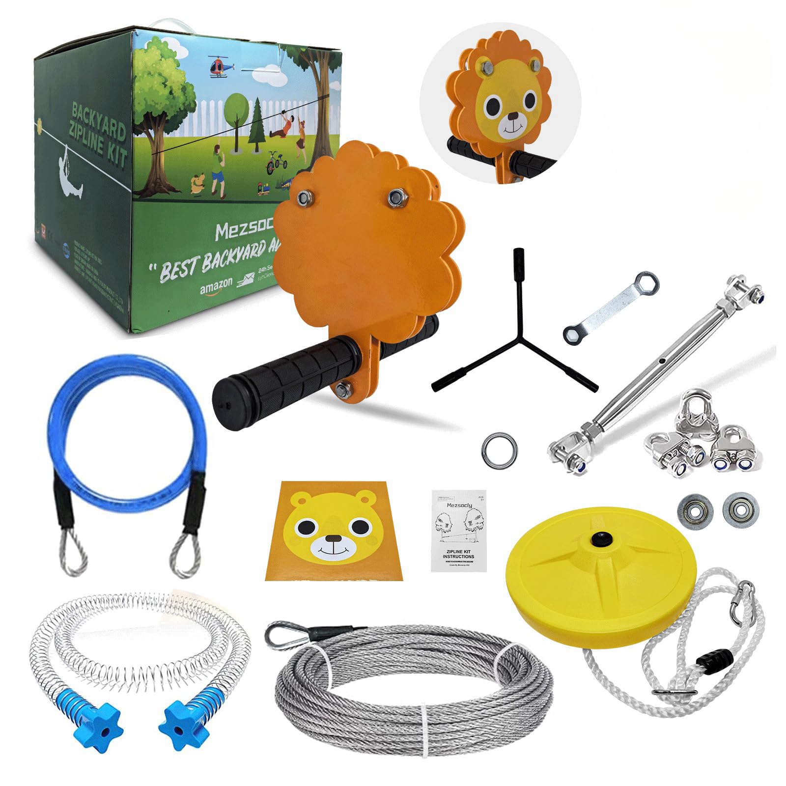 Slackline Zipline 24 m 80 piedi per bambini e adulti, gioco di avventura nel cortile, facile installazione, fino a 150 kg, resistente, cavo di sicurezza e freno a molla, giocattoli,Leone arancione