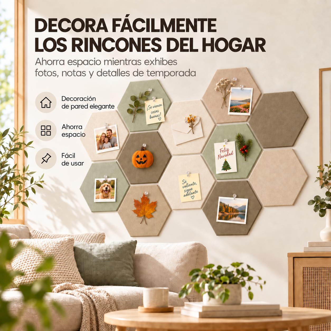 12 Paneles Hexagonales de Fieltro Linen Dusk con 25 Chinchetas y 72 Adhesivos, Tablero de Notas, Vision Board, Panel de Fotos y Organizador de Pared para Oficina, Casa, Colegio y Estudio