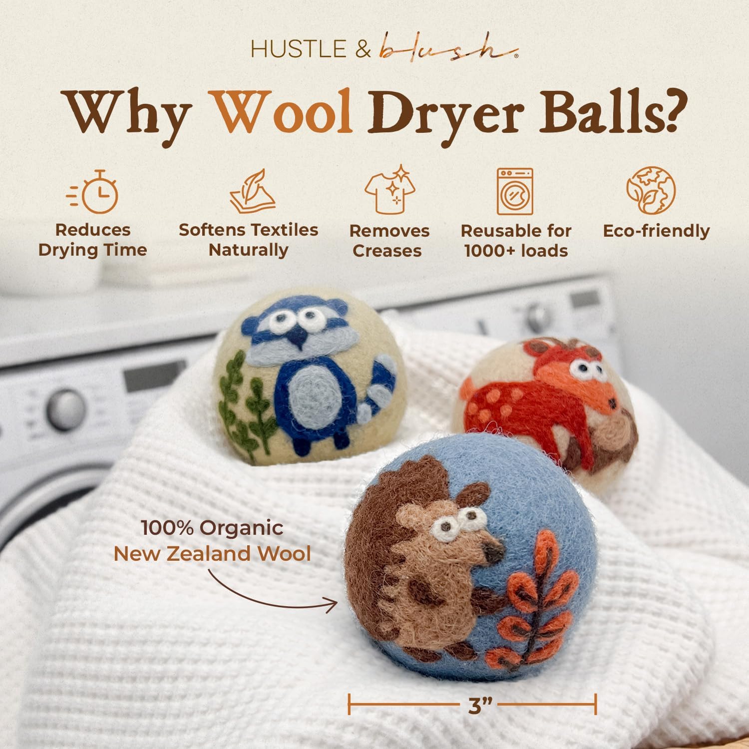 Hustle & Blush Essential Oils Blend and Wool Dryer Balls Bundle Laundry Set, Reduces Drying Time, Chemical Free with Long Lasting Fresh Scent Laundry Supplies - Hedgehog 3 Pack & 15 ml Cottontail Oil