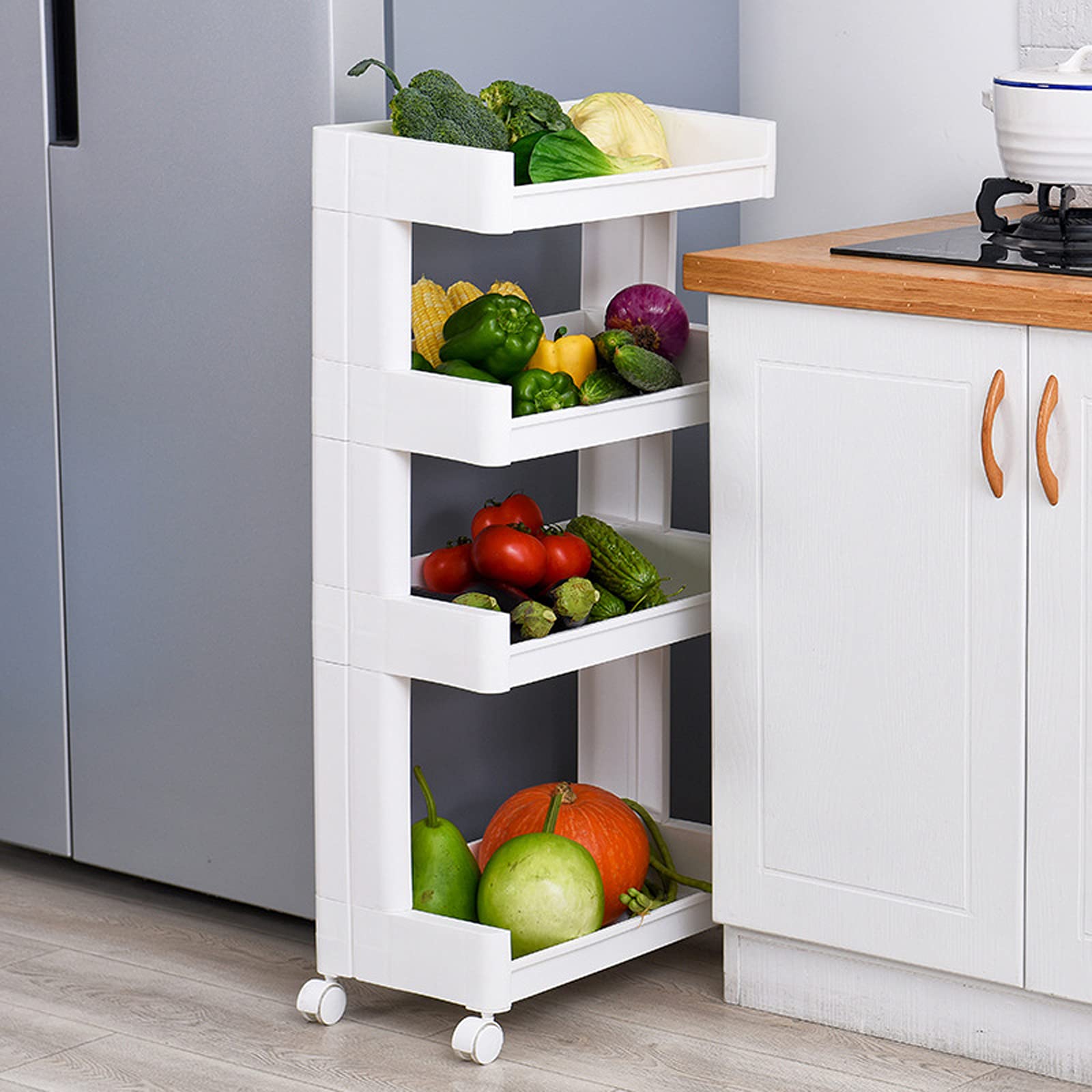 Carrello portaoggetti a 4 ripiani, organizer scorrevole per frutta e verdura, per cucina, bagno, ufficio, garage e salone, salvaspazio, facile mobilità, soluzione versatile