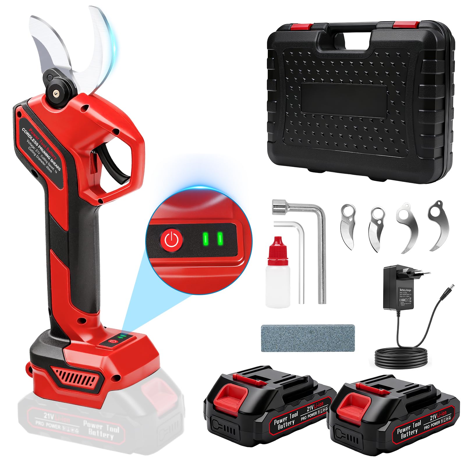 Akku Astschere, 40mm Öffnung Elektrische Gartenschere Akku Baumschere Astschneider Mit 2×21V 2.0AH Akku, 600W BüRstenlosem Elektrisch Garten Schere Mit LCD-Anzeige FüR Zweige, Sträucher, StäMme