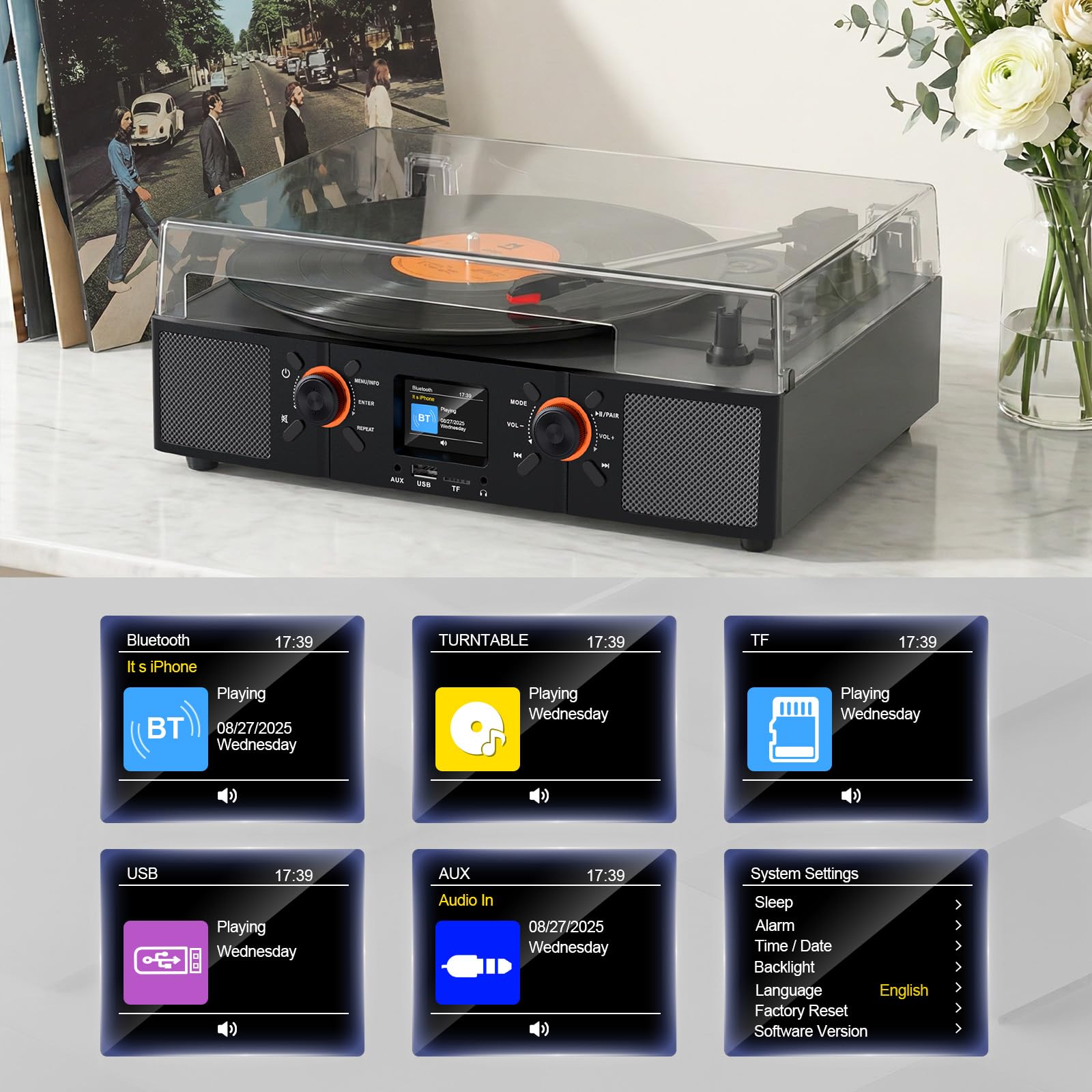 Giradischi in vinile con altoparlanti integrati, giradischi Bluetooth con trasmissione a cinghia a 3 velocità con display LCD, riproduzione USB, orologio, RCA, AUX e jack per cuffie, grigio