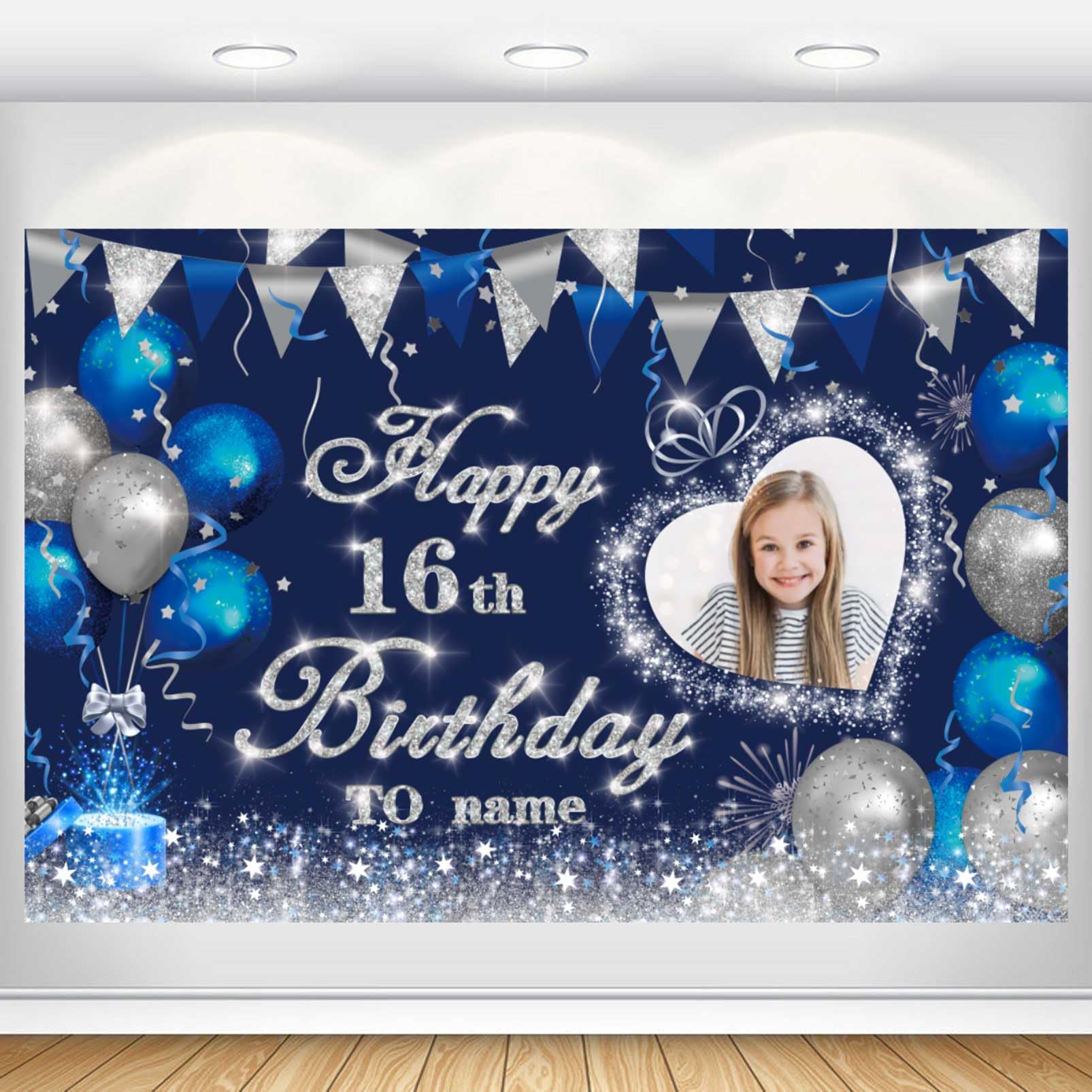 Dicodes Custom Navy Blue and Silver Theme 16th Birthday Banner for Party Happy Birthday Backdrop Decoration Personalized with Name and Photo(16th)