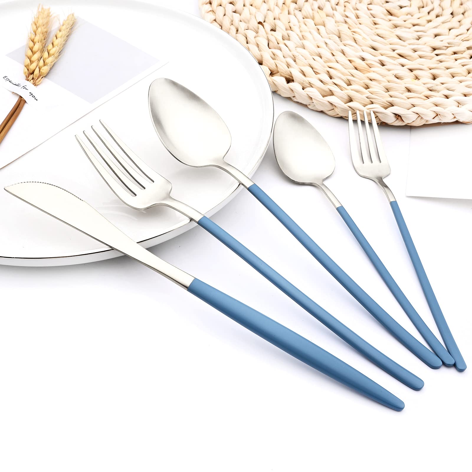 Snplowum 30-Piece Morandi Color Silverware Flatware Set for 6, 18/10 Stainless Steel Eating Utensils Cutlery Dinnerware With Blue Handle for Home Dinner Restaurant Party Nice Gift