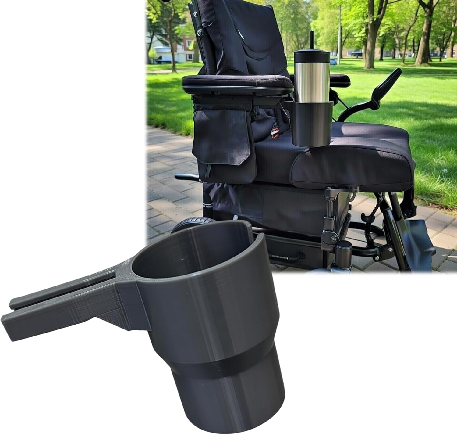 Wheelchair Cup Holder – Compatible with Permobil Uni-Track Rails, installs Under The armrest, Holds 40-Ounce Insulated Cups and Standard Water Bottles, Easy to Install, Simply Slides in