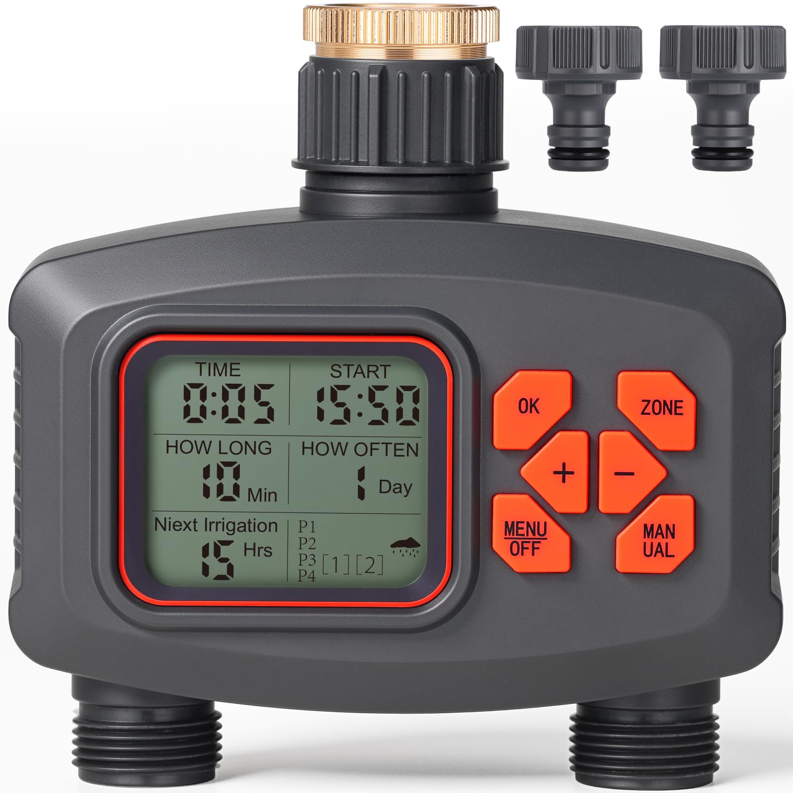 Bewässerungscomputer mit 2 Ausgängen, Wasserzeitschaltuhr Regenverzögerung, Automatische Bewässerung Wasser Zeitschaltuhr mit 8 Zeitplänen und Manueller Modus, Timer mit LCD für Rasen, Garten, Balkon