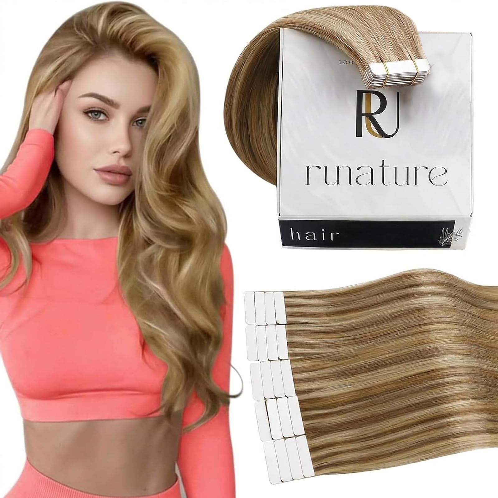 RUNATURE Tape Extensions Echthaar Braun Blond 45cm 20pcs 50g #10P16 unsichtbar