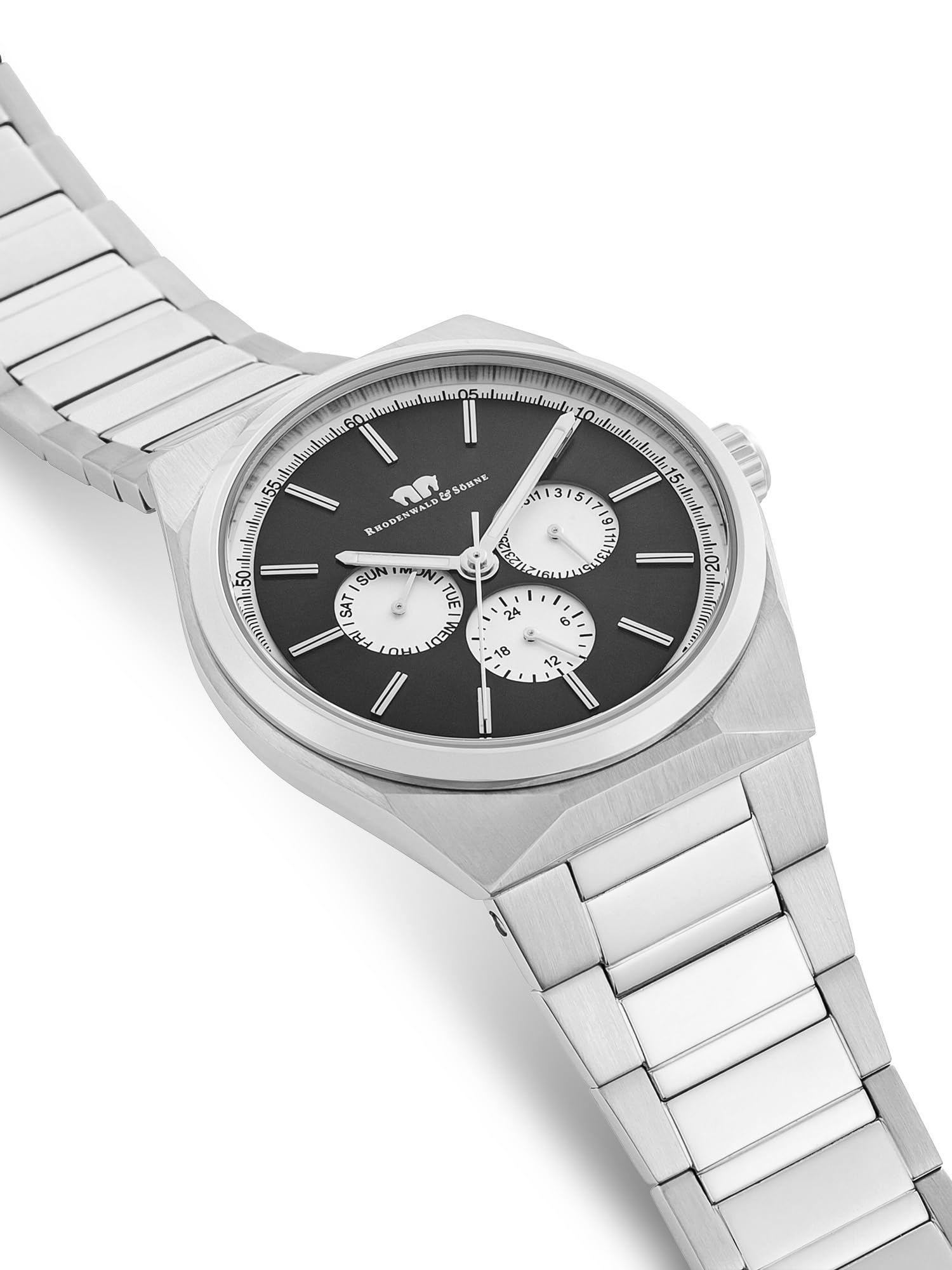 Rhodenwald & Söhne Herren Uhr Edelstahl Silber Quarzwerk 5 ATM | Edelstahl Armband, silber, Gliederarmband, Multifunktion(en), Zifferblatt schwarz, Mineralglas, Armbanduhr