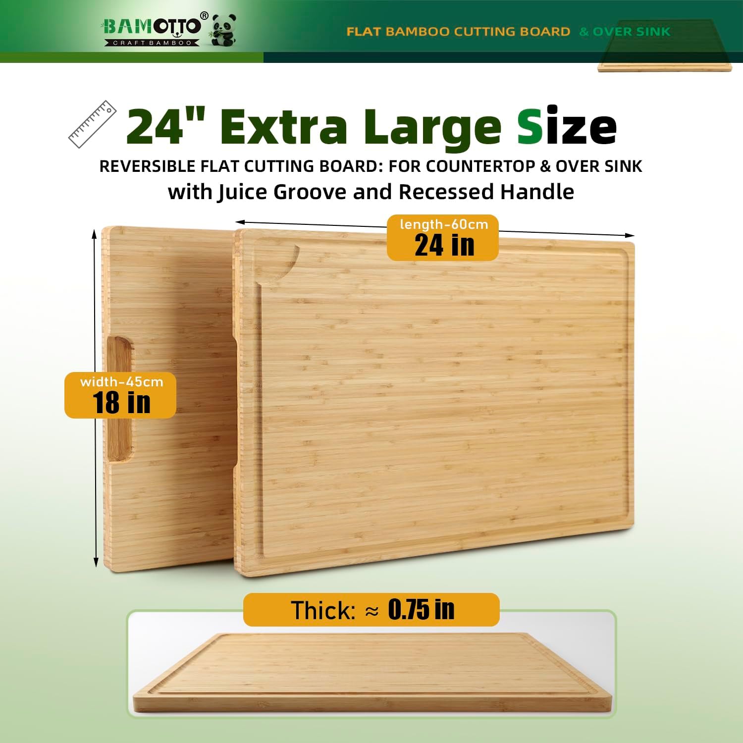 XXL Extra Large 100% Organic Bamboo Cutting Board 24"x18" - Butcher Block Chopping/Carving Board with Handle & Juice Groove for Turkey, Meat, Vegetables, BBQ - Image 2