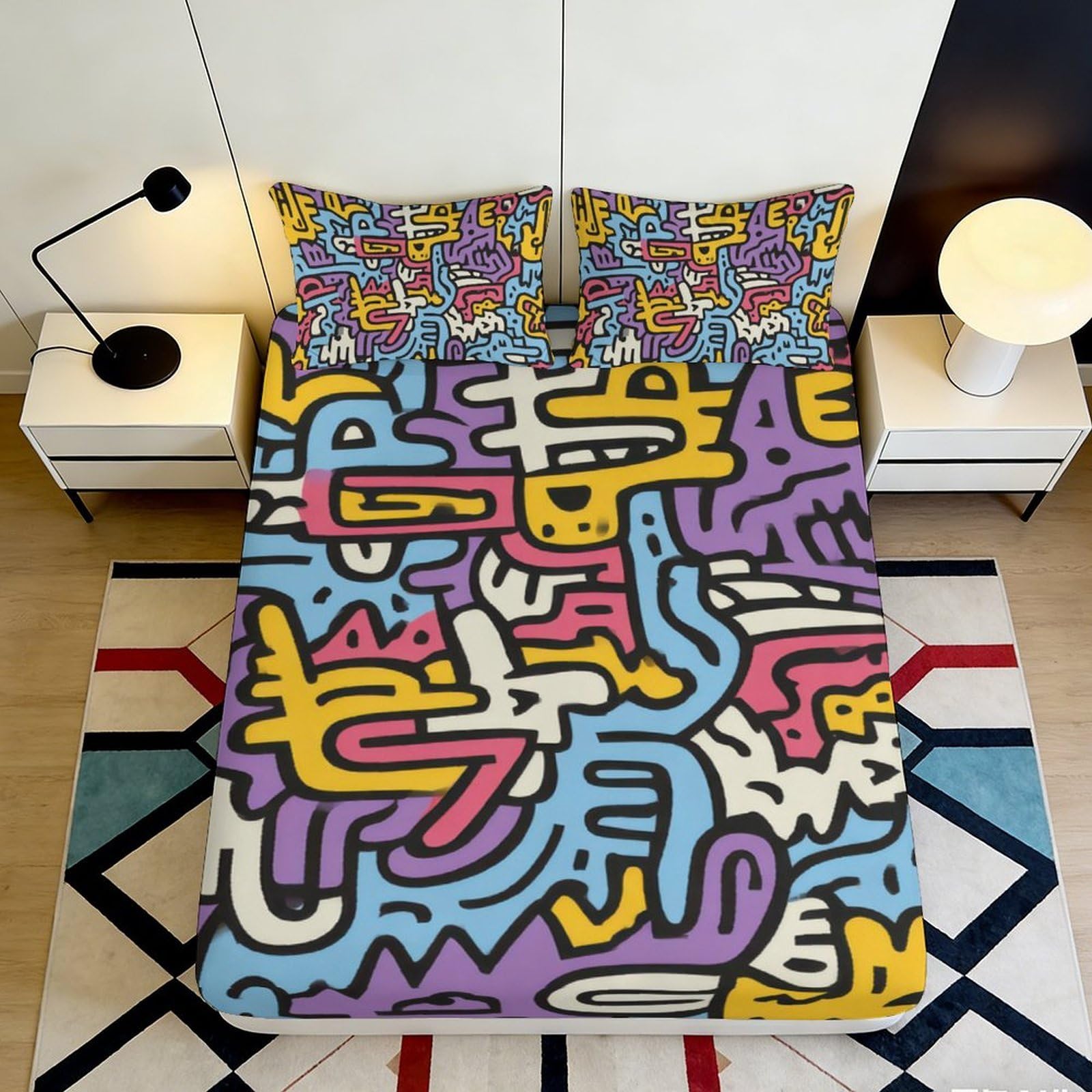 3D Printed Graffiti Art Fitted Sheet Microfiber Colourful Abstract Pattern Mattress Cover Bedroom Dorm Decor 90x200x25cm