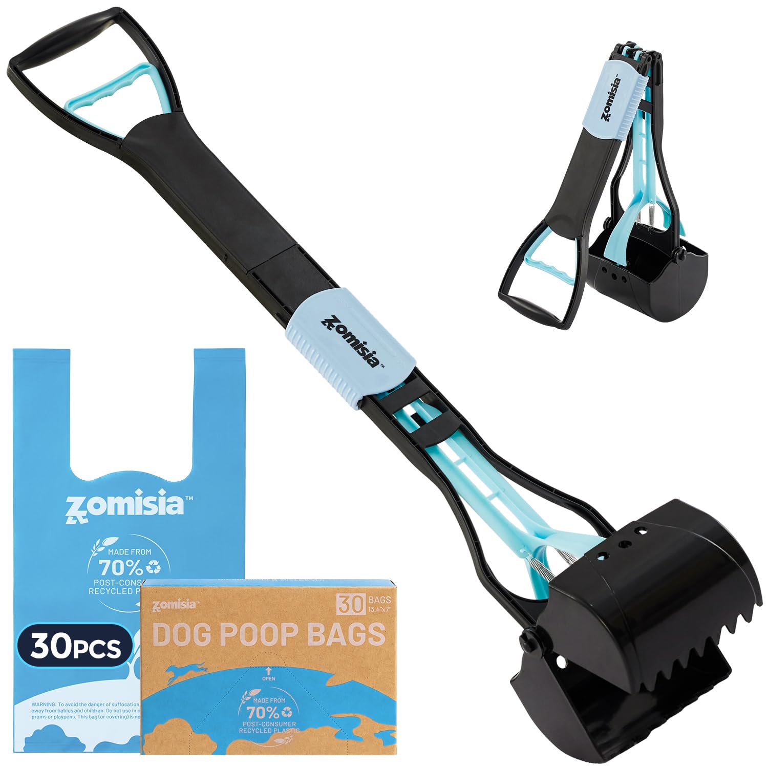 ZOMISIA 81cm / 32" Dog Pooper Scopper Long Handle with 30 Waste Bags - Foldable Poop Scoops for Large Dogs & Cats, Portable Poop Picker for Grass with High Strength Material, Durable Spring, Blue