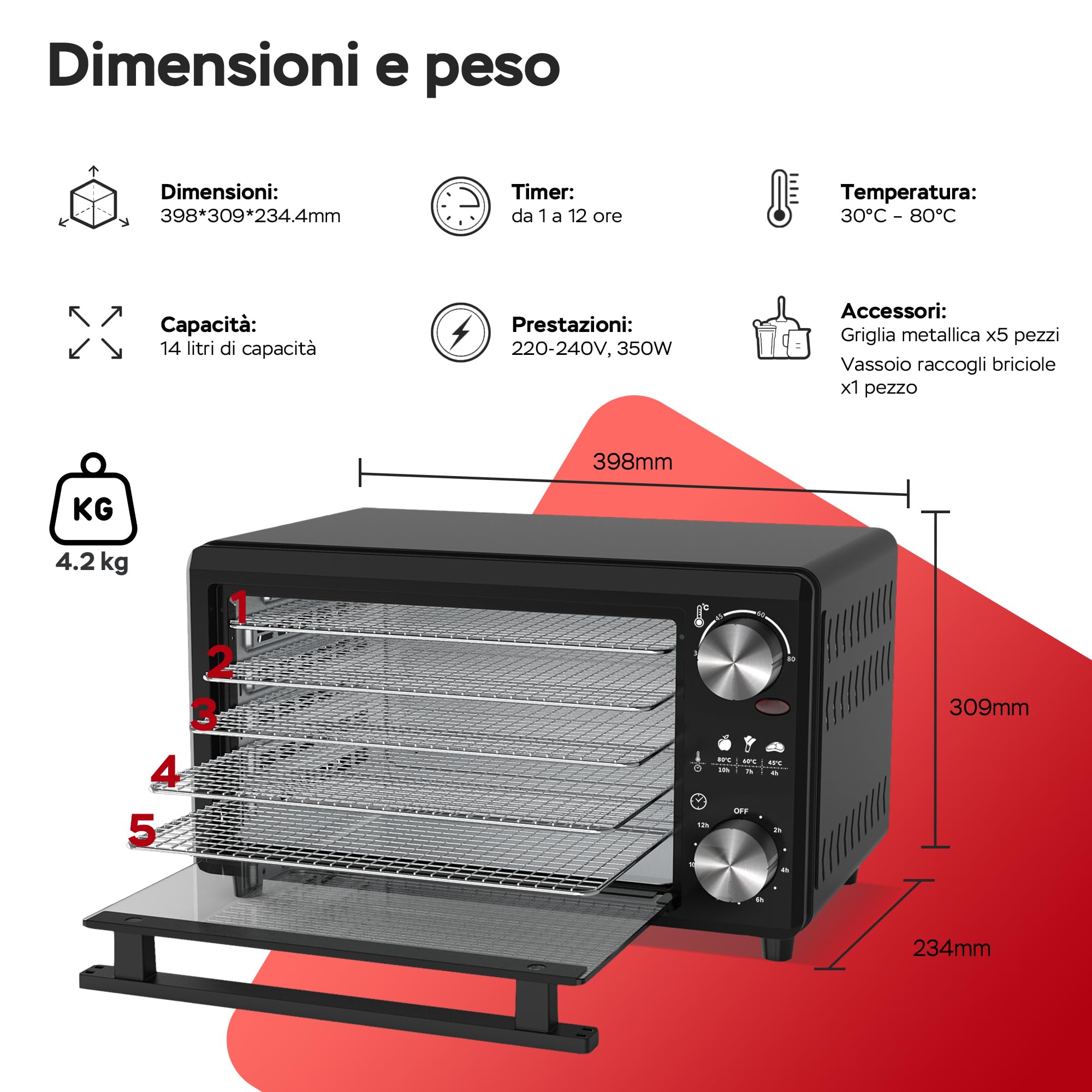TurboTronic FD14 - Disidratatore Alimentare 14 L con 5 Vassoi - Essiccatore Alimentare a 5 Ripiani per Frutta, Verdura, Funghi, Carne, Pesce ed Erbe - Temperatura e Timer Regolabili (Black)