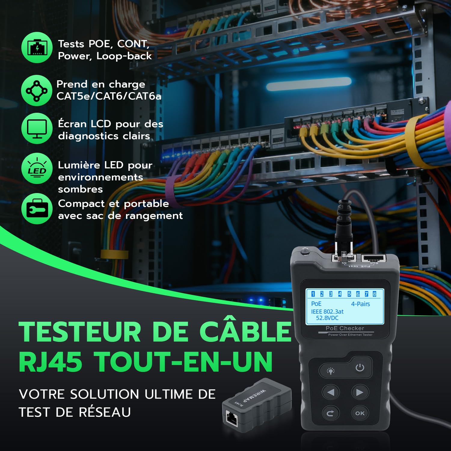Testeur de réseau avec PoE, RJ45 - Avec écran LCD - Pour câble réseau Cat5/Cat6 - Test de tension et de courant