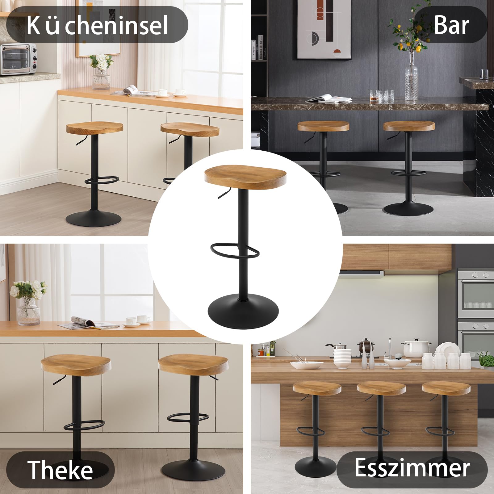 WOLTU Barhocker 2er Set, Hocker höhenverstellbar drehbar, mit Sattelsitz Fußstütze, Drehhocker aus Massivholz Metall, Küchenhocker Schminkhocker Arbeitshocker, dunkle Holzoptik, BH413dc-2