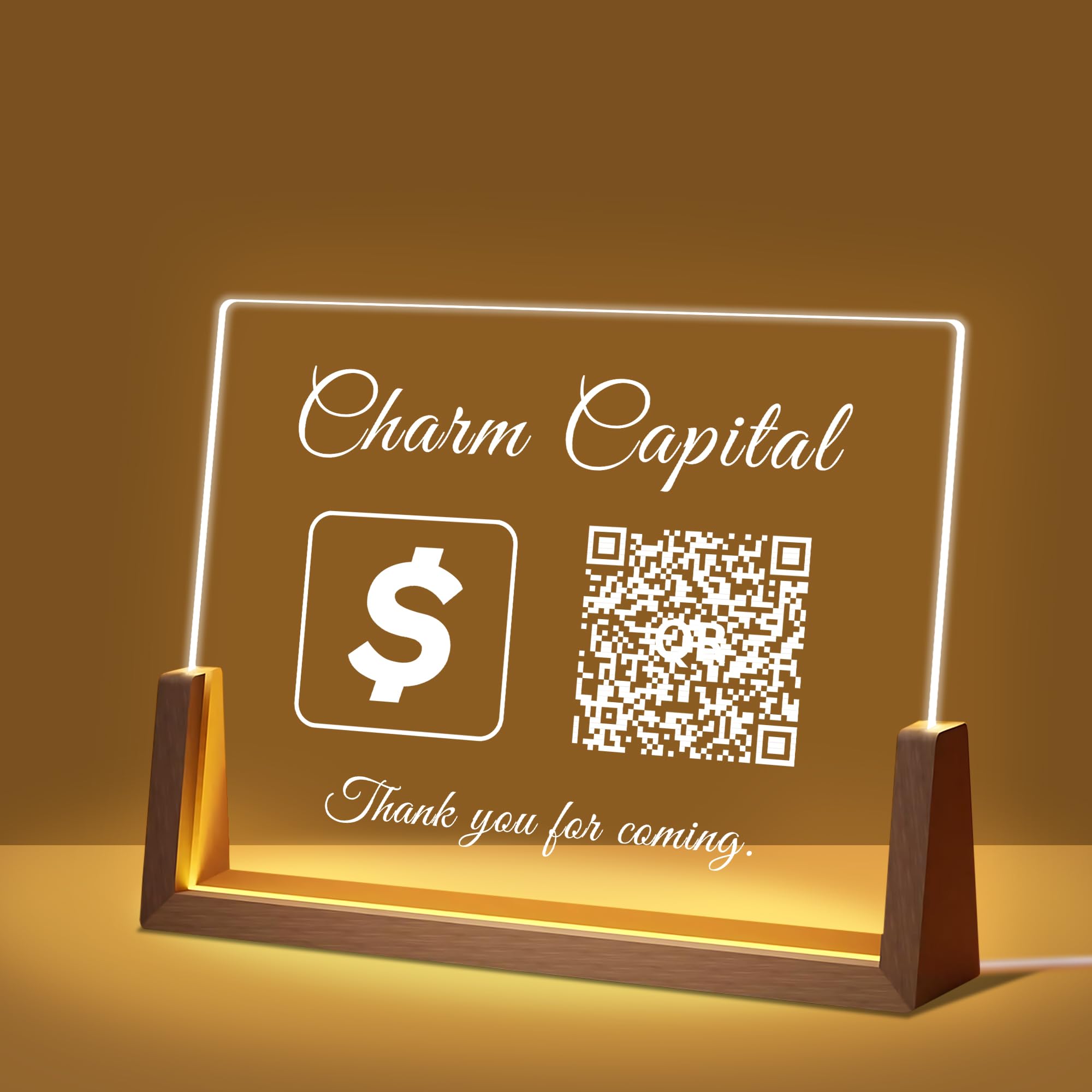 Custom Acrylic QR Code Sign for Business Personalized QR Plaque for Scan to Pay, Social Media, WiFi Sharing, Barcode Display with Stand or LED Wood