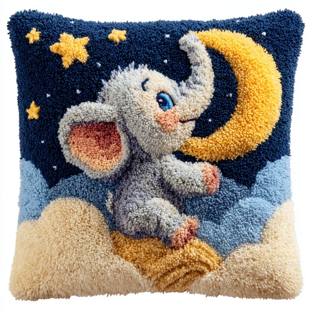 Taxpy DIY Latch Hook Kits, Elephant and Moon Cushions Pillow Case Embroidery Carpet Set Needlework Crocheting Cushion Embroidery Set 43x43cm