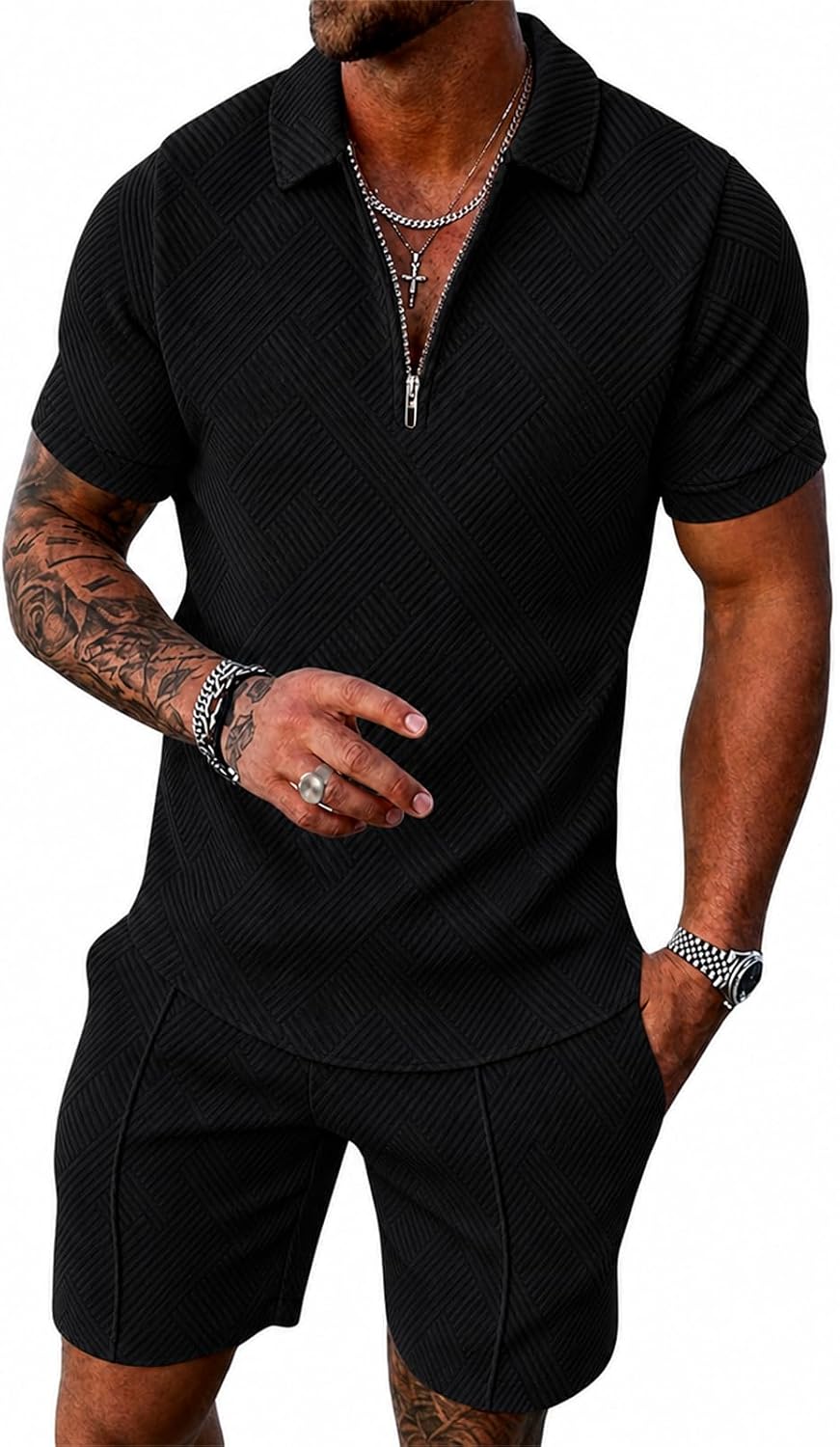 Mens Summer Outfits 2 Piece Short Set, Quarter Zip Polo Shirt and Shorts Set for Men, Casual Beach Vacation Outfit