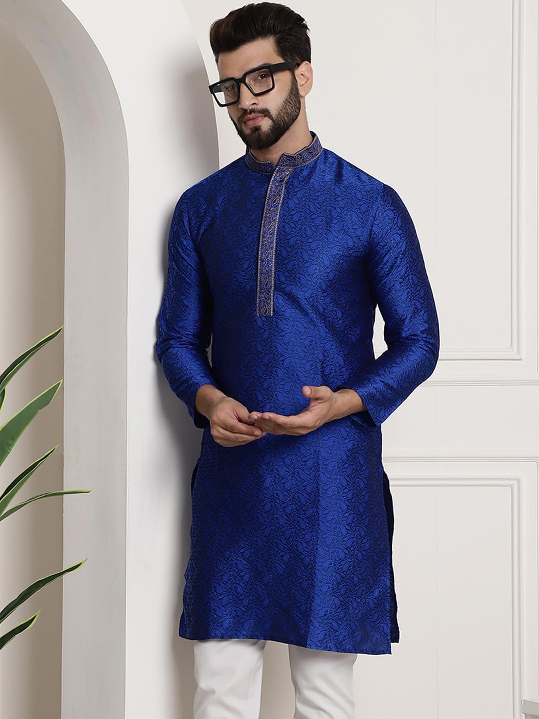 Sojanya (Since 1958 Men's Silk Blend Blue Color Only Long Kurta With Neck Embroidery
