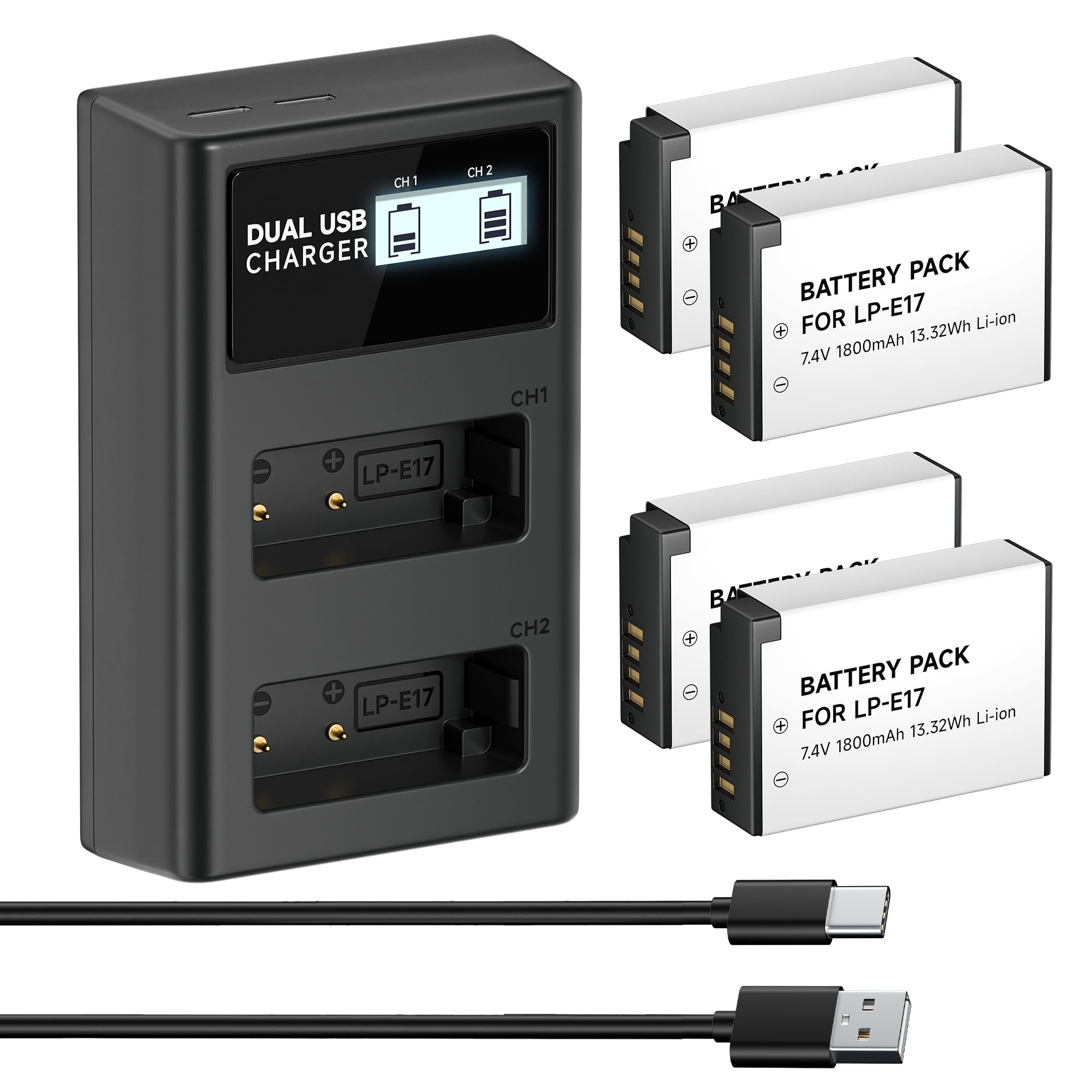 4 Pack LP-E17 Batteries with LCD Dual Charger for Canon Rebel T8i T7i T6i T6s SL2 SL3, EOS M3 M5 M6, EOS R50 R8 R10 RP R100, EOS M3 M5 M6, EOS 77D