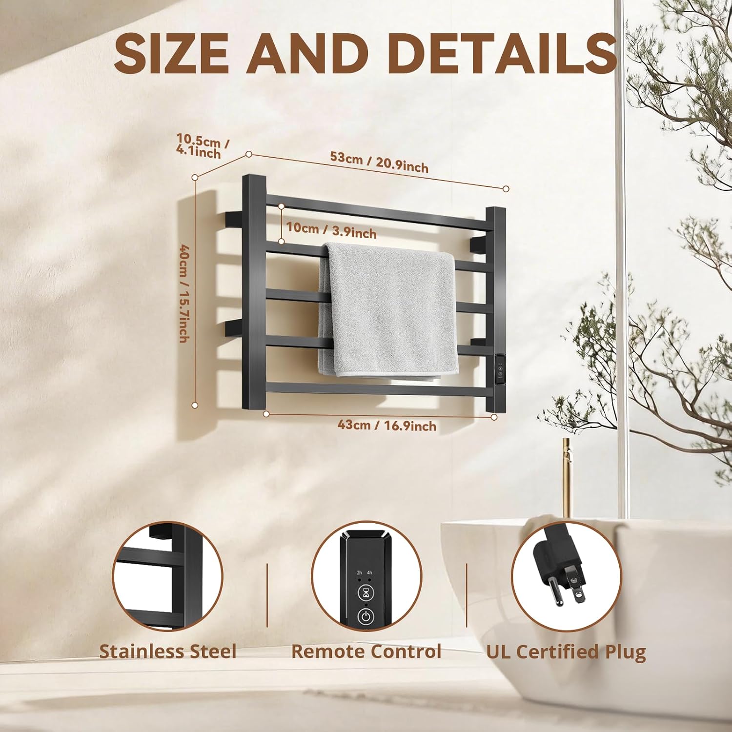 Heated Electric Towel Warmer Wall Mounted Stainless Steel Bathroom Plug-in Towel Storage Rack, Black