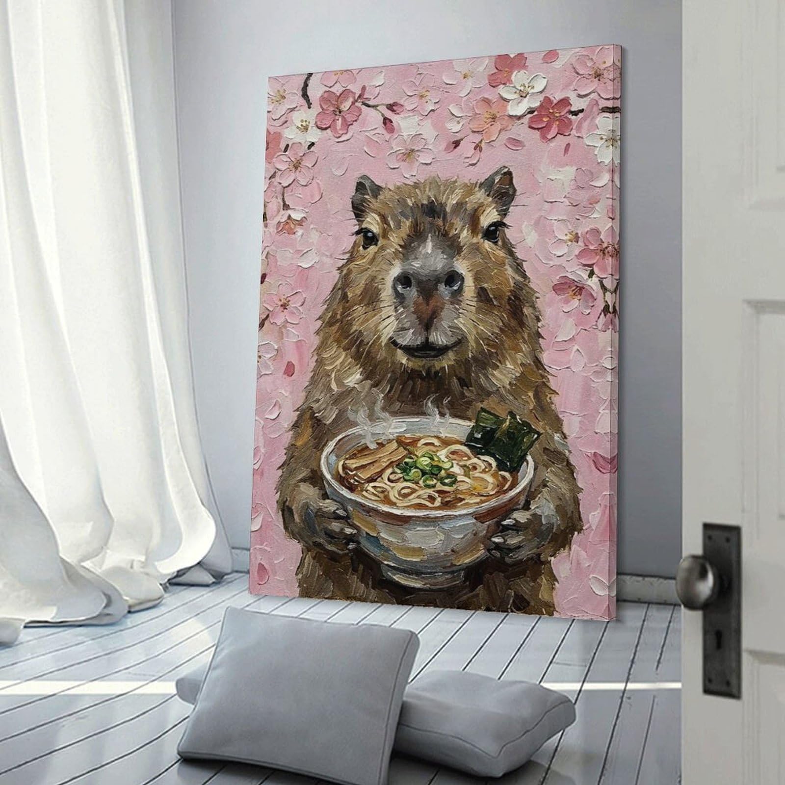 Junmoney Capybara with Ramen And Cherry Blossoms Wall Decor Canvas Print, 20x30inch(50x75cm), for Living Room, Lounge Or Sitting Room, Easy Decor for Gallery Walls