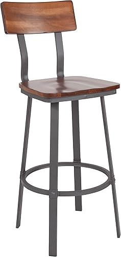 Miniatura 3 de Flash Furniture Flint Series - Taburete de bar rústico de nogal con asiento y respaldo de madera y marco de recubrimiento en polvo gris Nogal