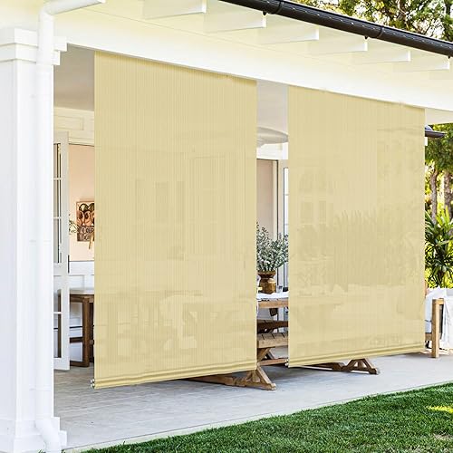 Persianas enrollables para exteriores, 5 pies de ancho x 6 pies de alto, para patio, pérgola, balcón, porche, ventana de terraza (beige)